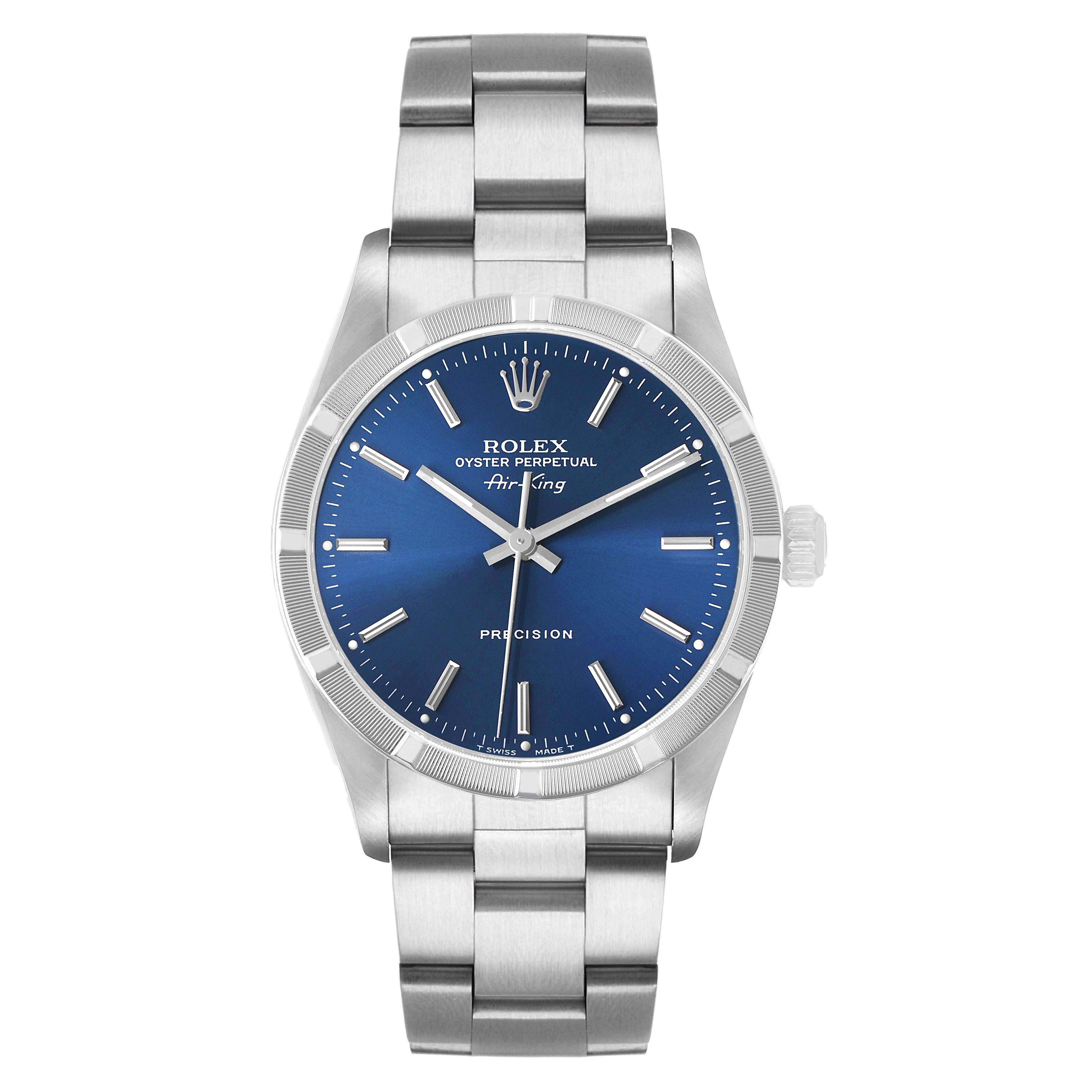The Rolex Air-King 14010 Men's Stainless Steel Blue Dial watch is shown from a front angle, displaying its dial, bezel, and bracelet.
