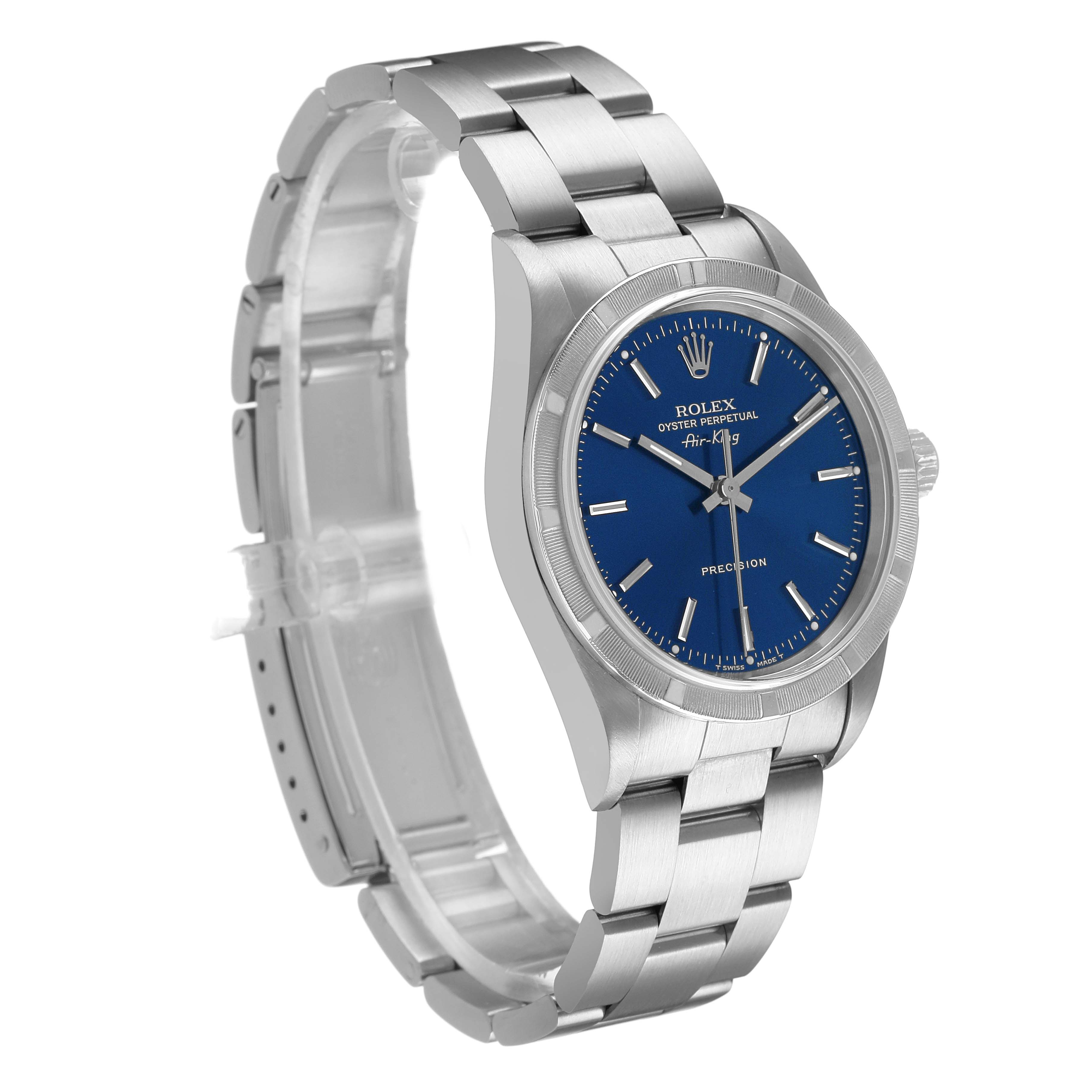 The Rolex Air-King 14010 Men's Stainless Steel Blue Dial watch is shown at a slight angle, highlighting the blue dial, silver hands, and stainless steel bracelet.