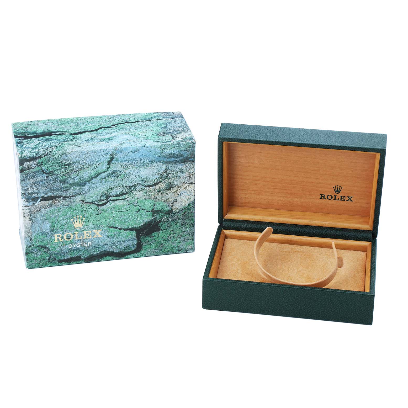 The image shows a Rolex Air-King 14010 Men's Stainless Steel Blue Dial watch box and packaging from a top perspective.