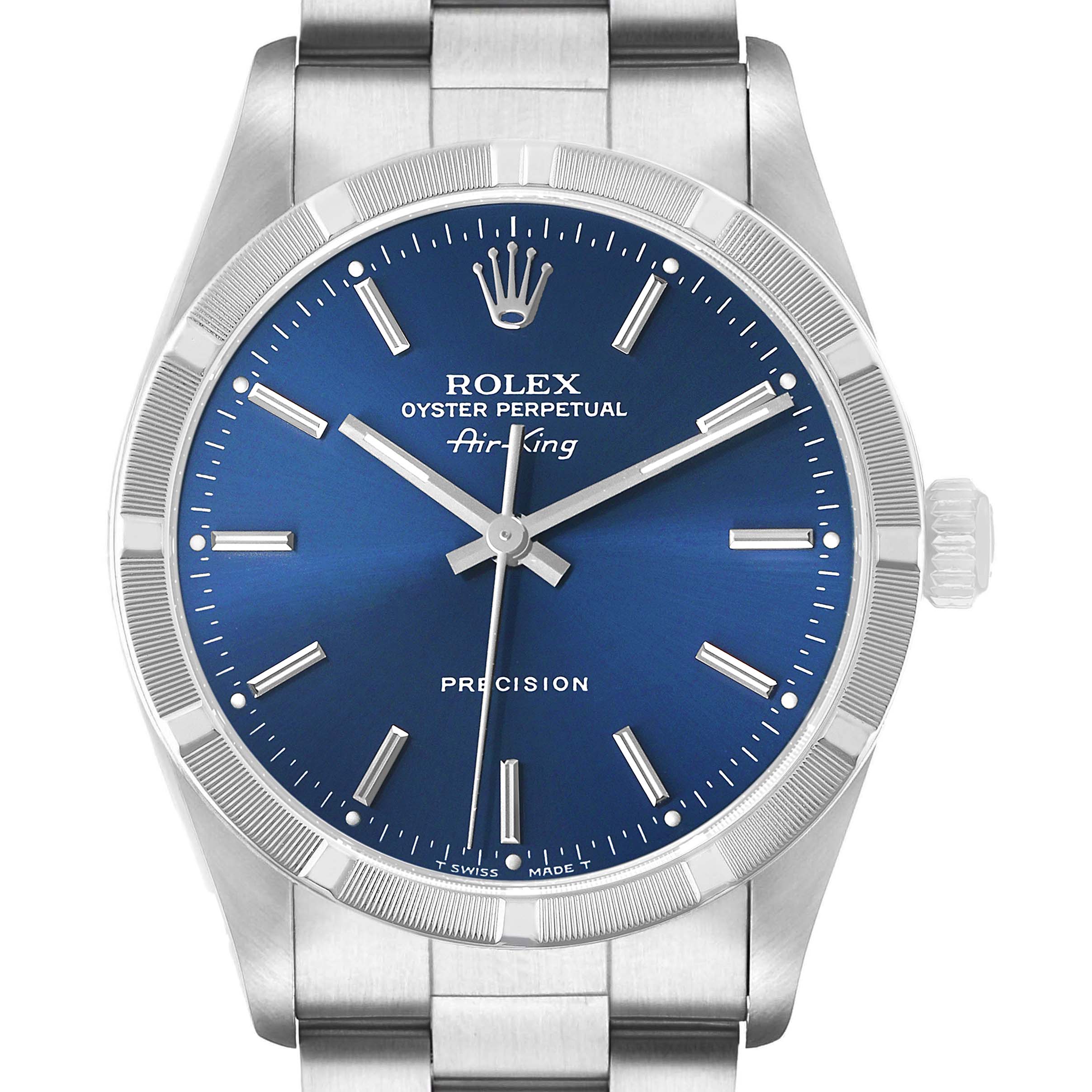 The Rolex Air-King 14010 Men's Stainless Steel Blue Dial watch is shown from the front, displaying its dial, bezel, and part of the bracelet.