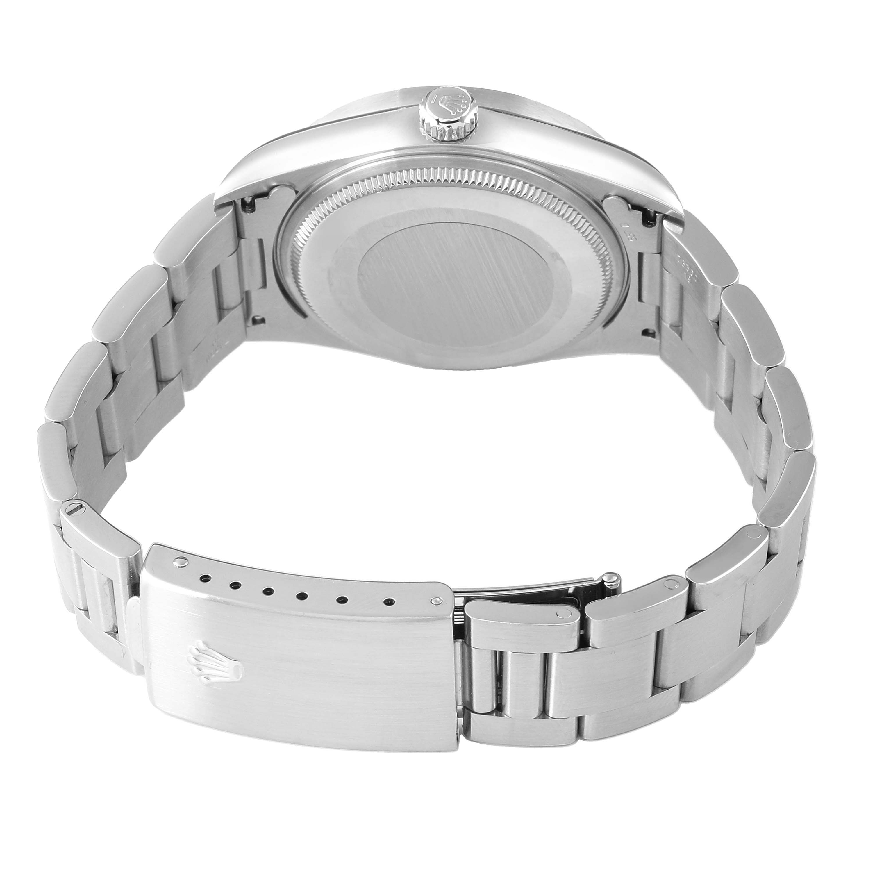 The image shows the back of a Rolex Air-King 14010 Men's Stainless Steel Blue Dial watch, highlighting the case back, crown, bracelet, and clasp from a rear angle.