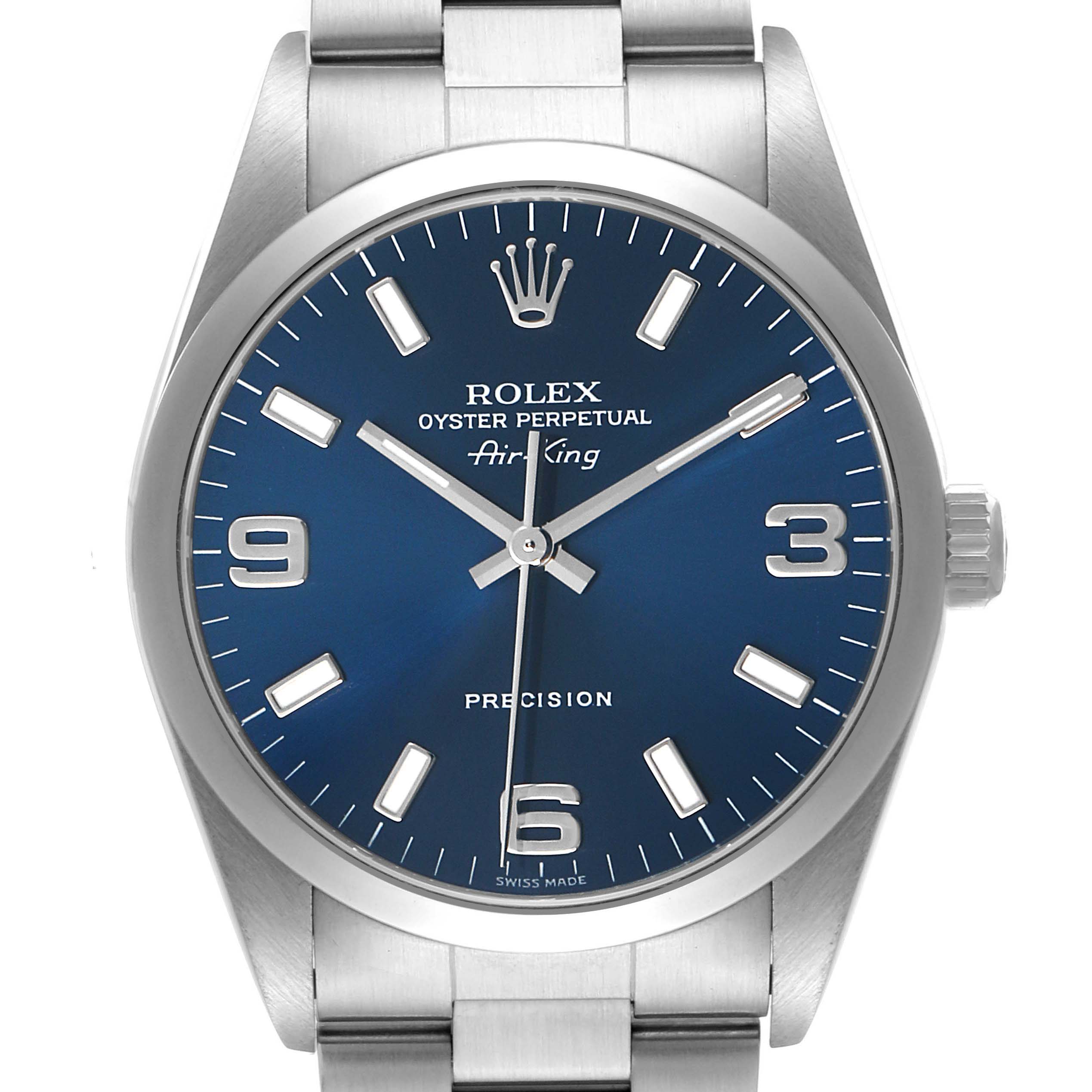 The Rolex Air-King 14000 Men's Stainless Steel Blue Dial watch is shown from a front angle, displaying its blue dial, hands, crown, and stainless steel bracelet.