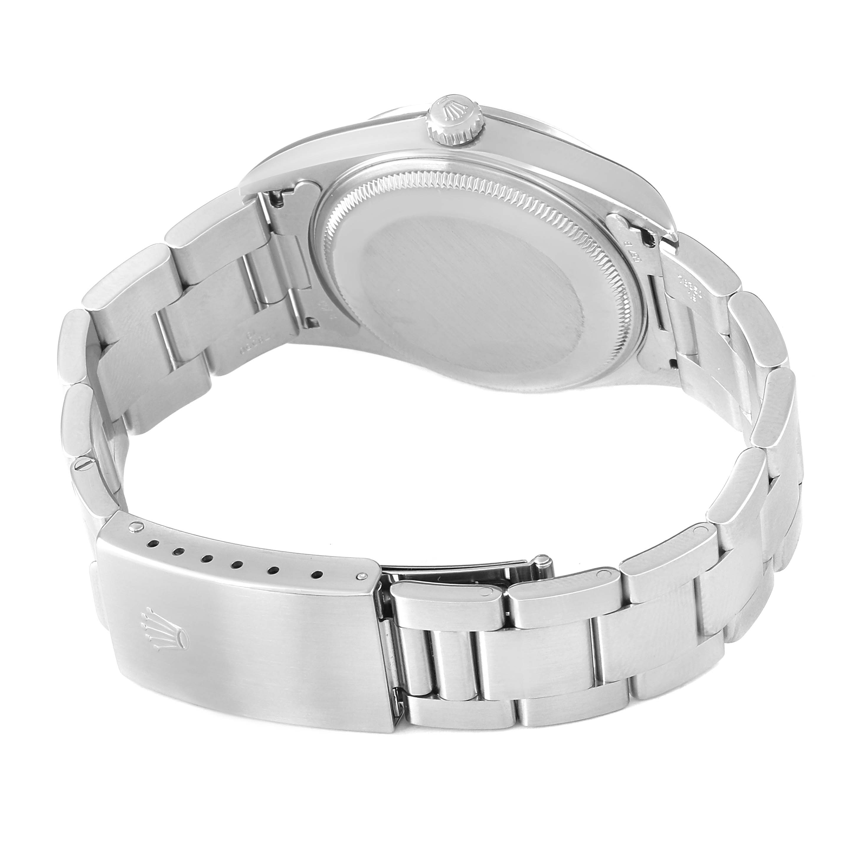 The Rolex Air-King 14000 Men's Stainless Steel Blue Dial watch is shown from the back, highlighting the case back, bracelet, and clasp.