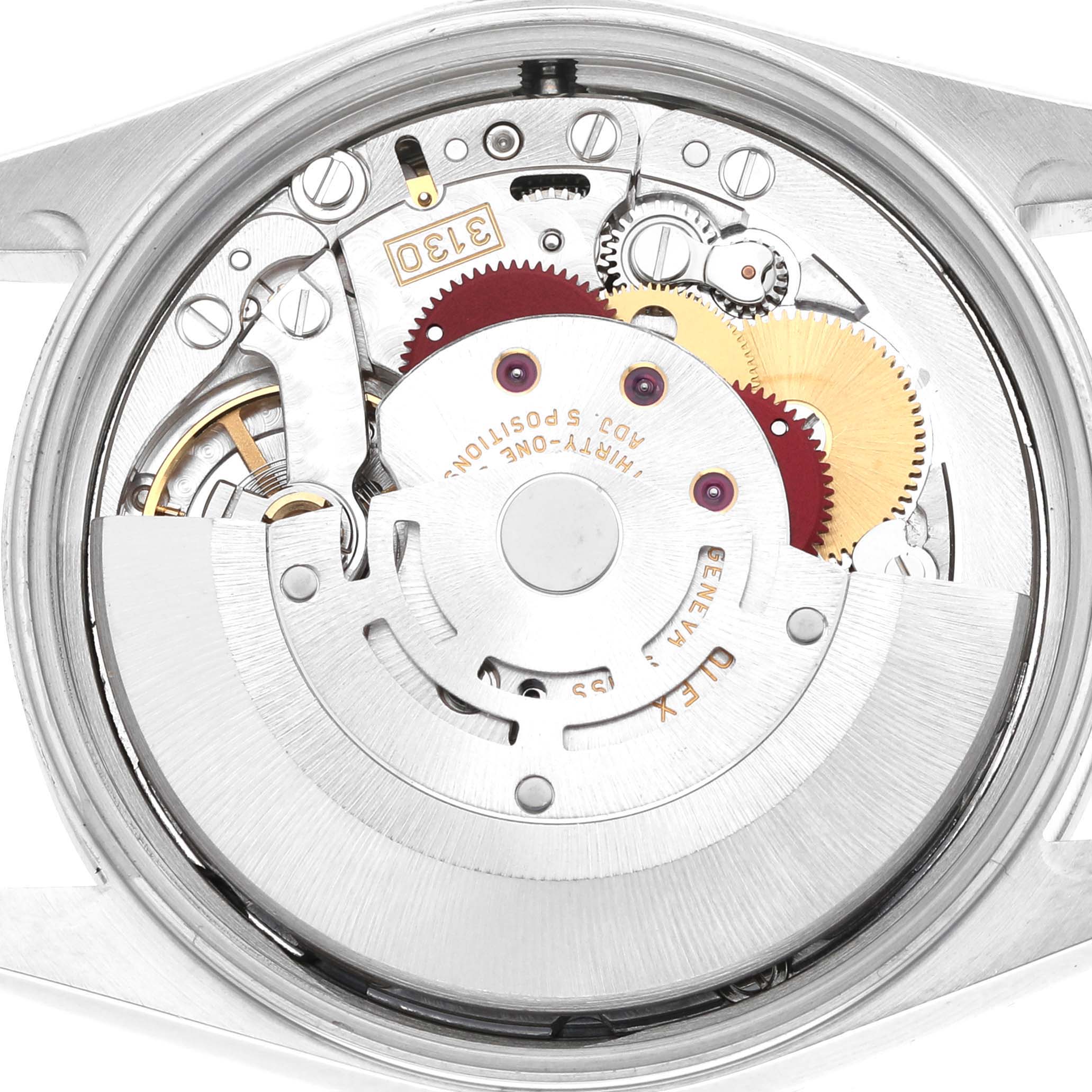 The image shows a close-up of the Rolex Air-King 14000 Men's Stainless Steel Blue Dial watch's internal movement, highlighting gears and mechanisms.