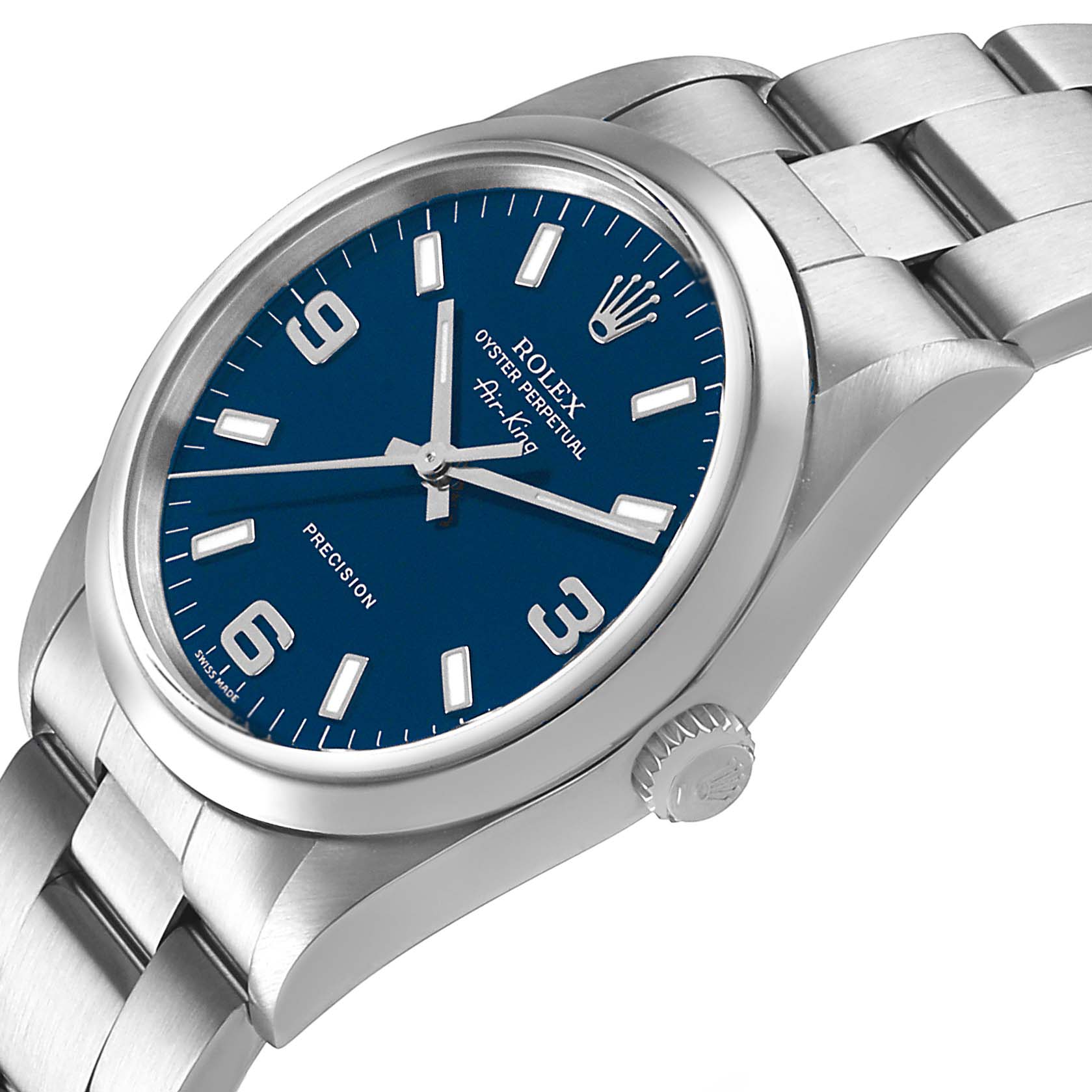 The Rolex Air-King 14000 Men's Stainless Steel Blue Dial watch is shown at a slight angle, highlighting its blue dial, crown, and stainless steel bracelet.