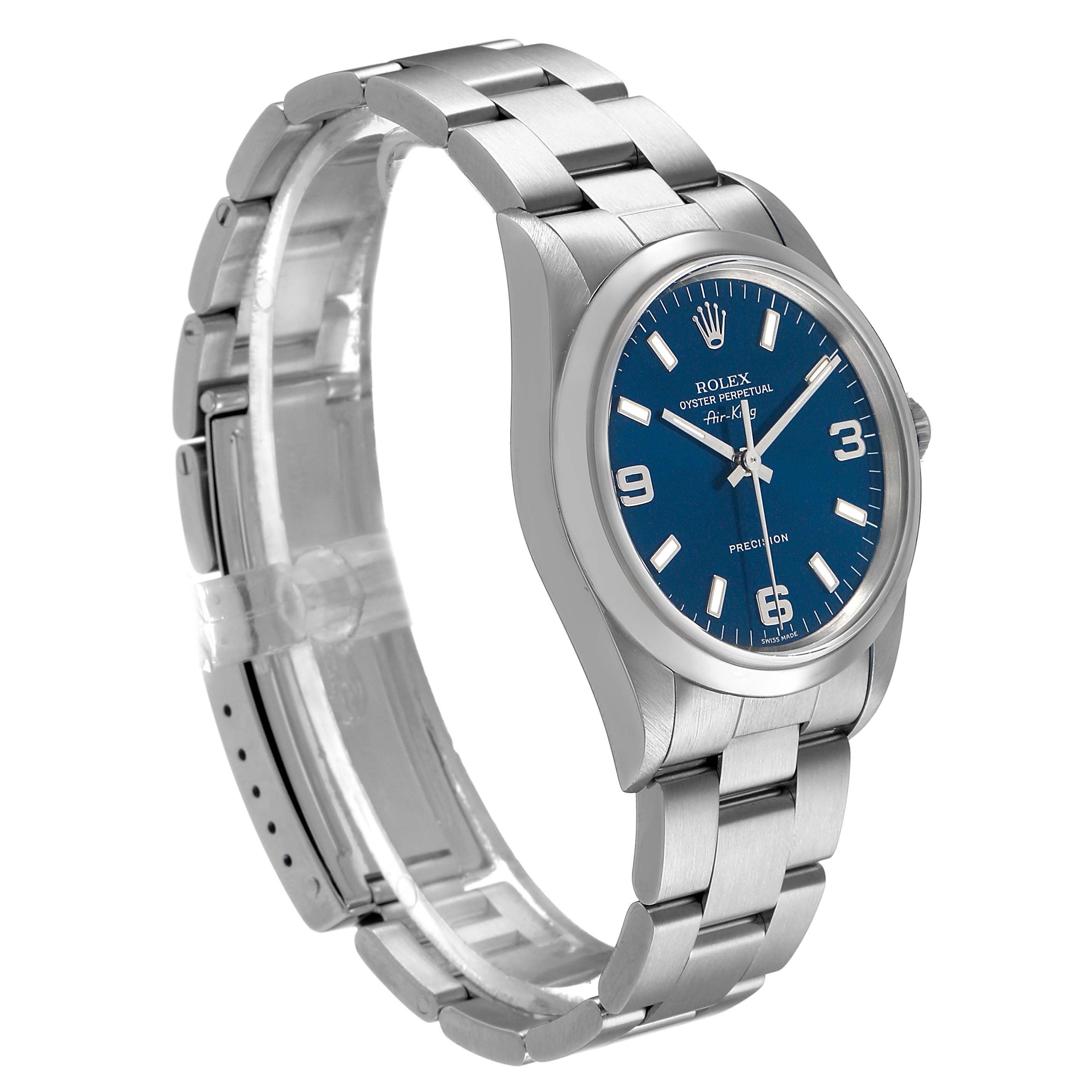 The Rolex Air-King 14000 Men's Stainless Steel Blue Dial watch is shown at a three-quarter angle, displaying the dial, case, and bracelet.