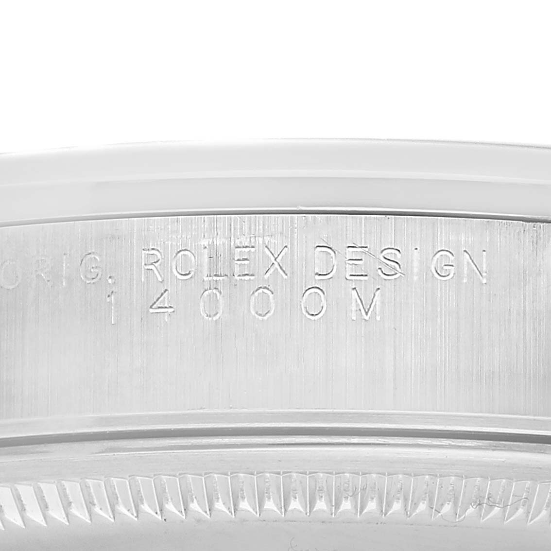 The image shows a close-up of the Rolex Air-King 14000 Men's Stainless Steel Blue Dial's case side, detailing the model number engraving.