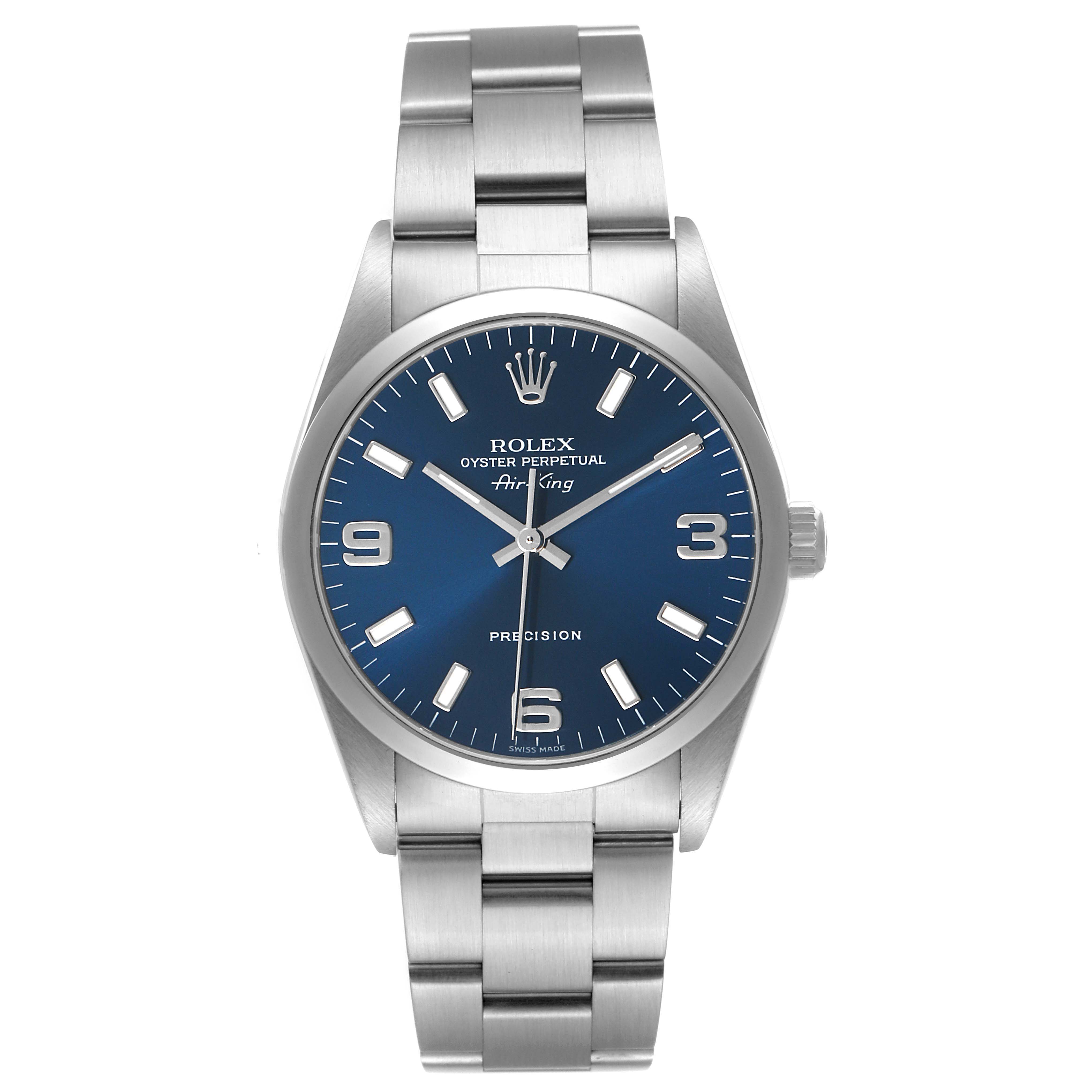 The Rolex Air-King 14000 Men's Stainless Steel Blue Dial watch is shown from the front, displaying the face, bezel, and part of the bracelet.