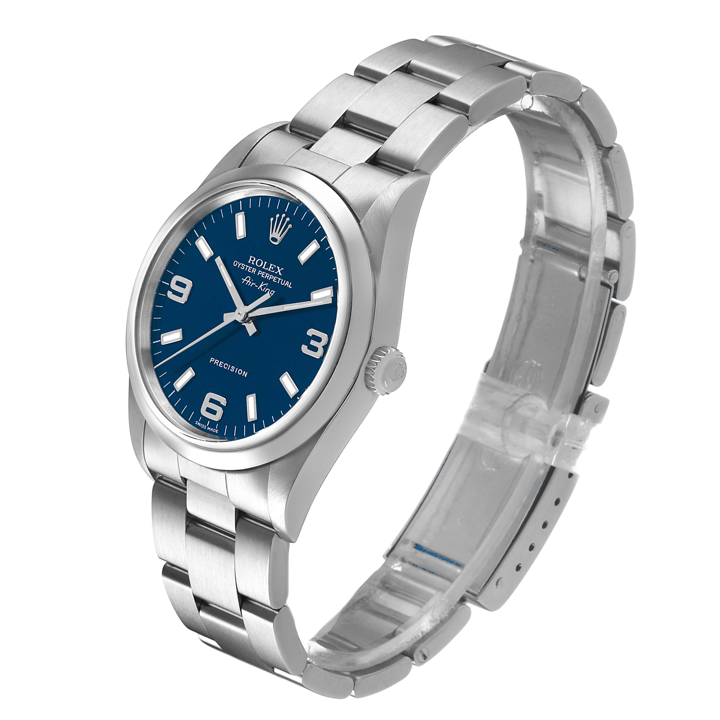 The Rolex Air-King 14000 Men's Stainless Steel Blue Dial watch is shown at a three-quarter angle, highlighting the bracelet, case, dial, and crown.