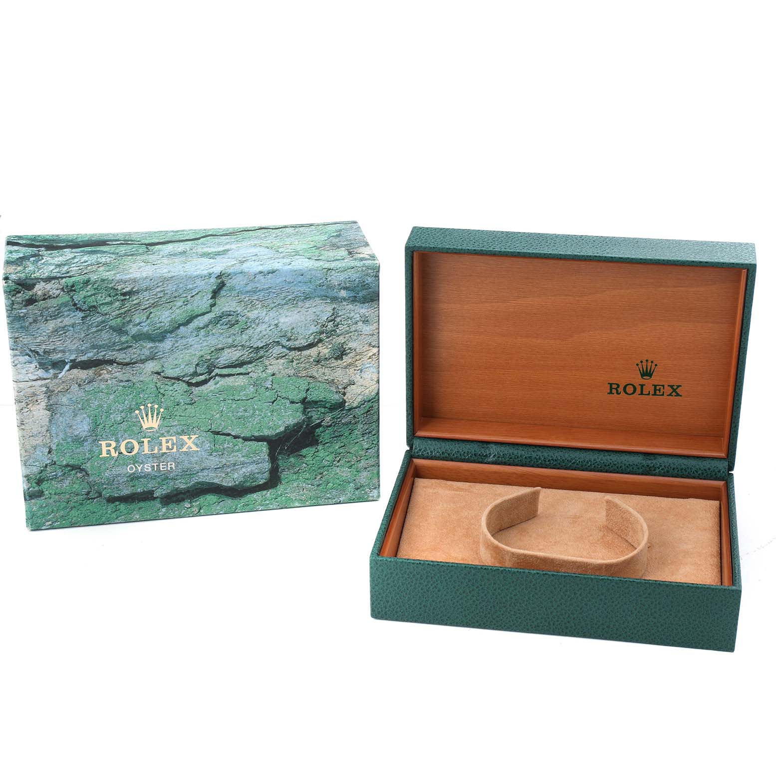 The image shows an open Rolex Air-King 14000 Men's Stainless Steel Blue Dial watch box and a closed green outer box with the Rolex logo.