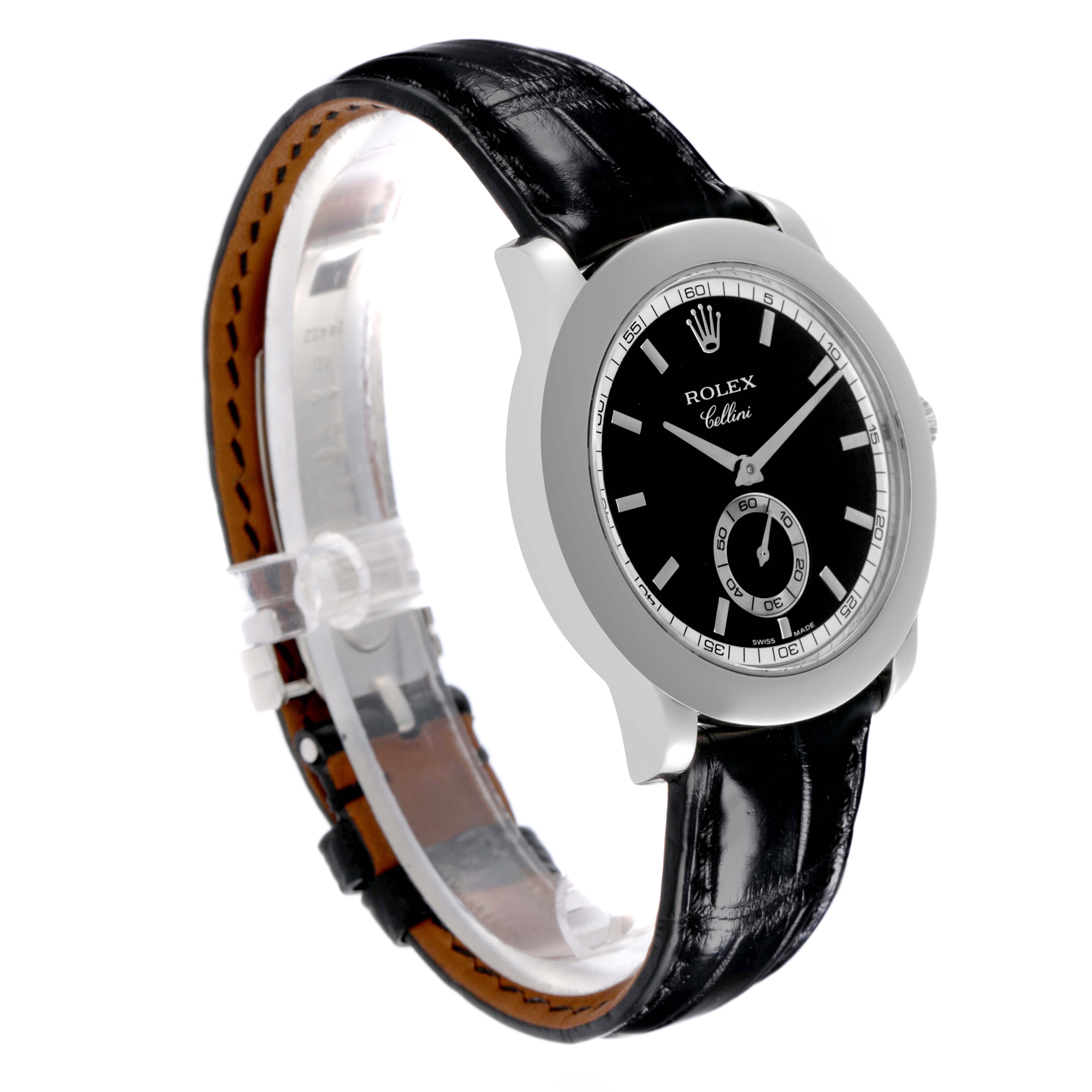 The Rolex Cellini 5241/6 Men's Platinum Black Dial 5241/6 Men's Platinum Black Dial watch is shown at a three-quarter angle highlighting the face, bezel, crown, and leather strap.