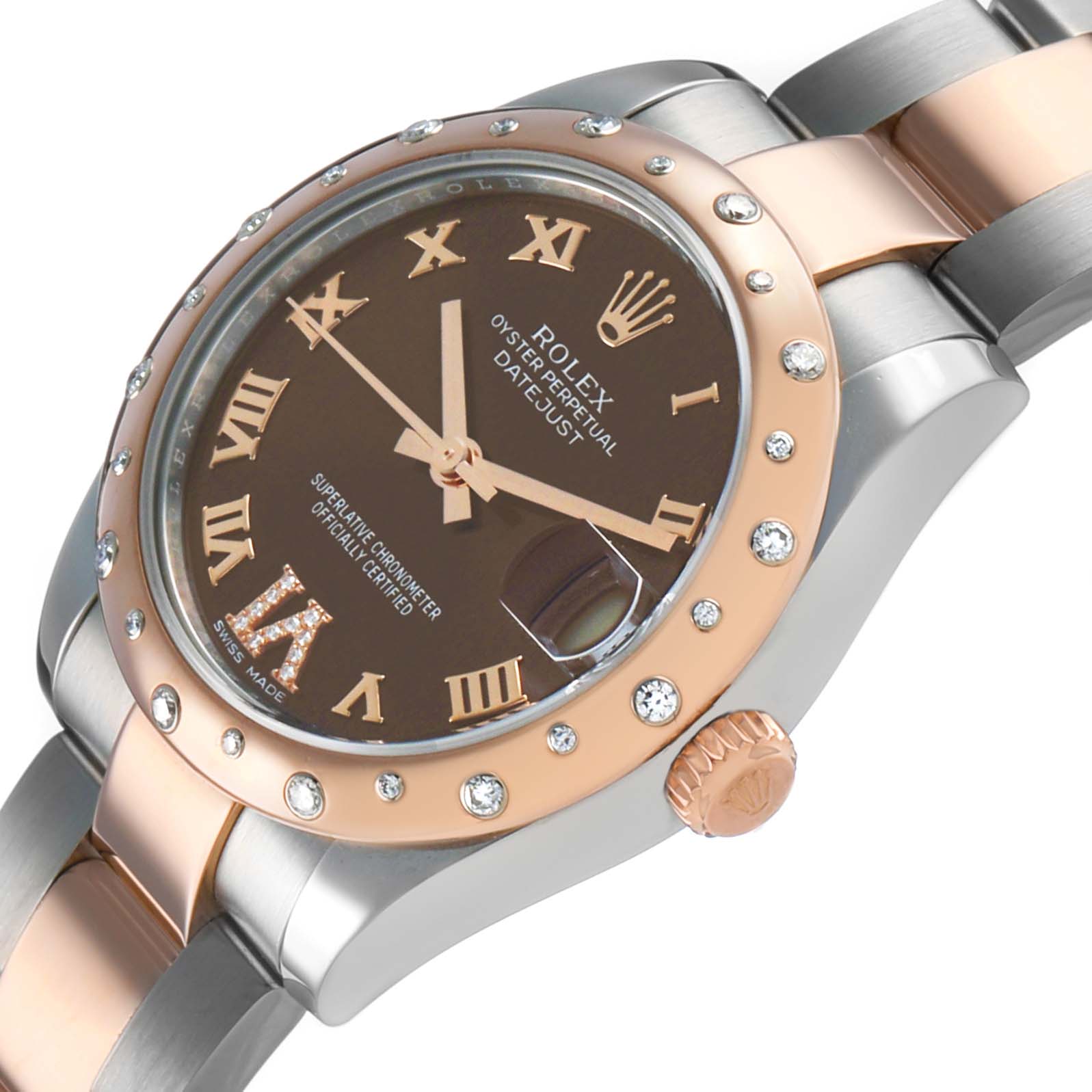 The Rolex Mid-Size 178341 Women's Steel and Gold (two tone) Brown Dial watch is shown at a tilted angle highlighting its rose gold bezel, brown dial, Roman numerals, and diamond accents.