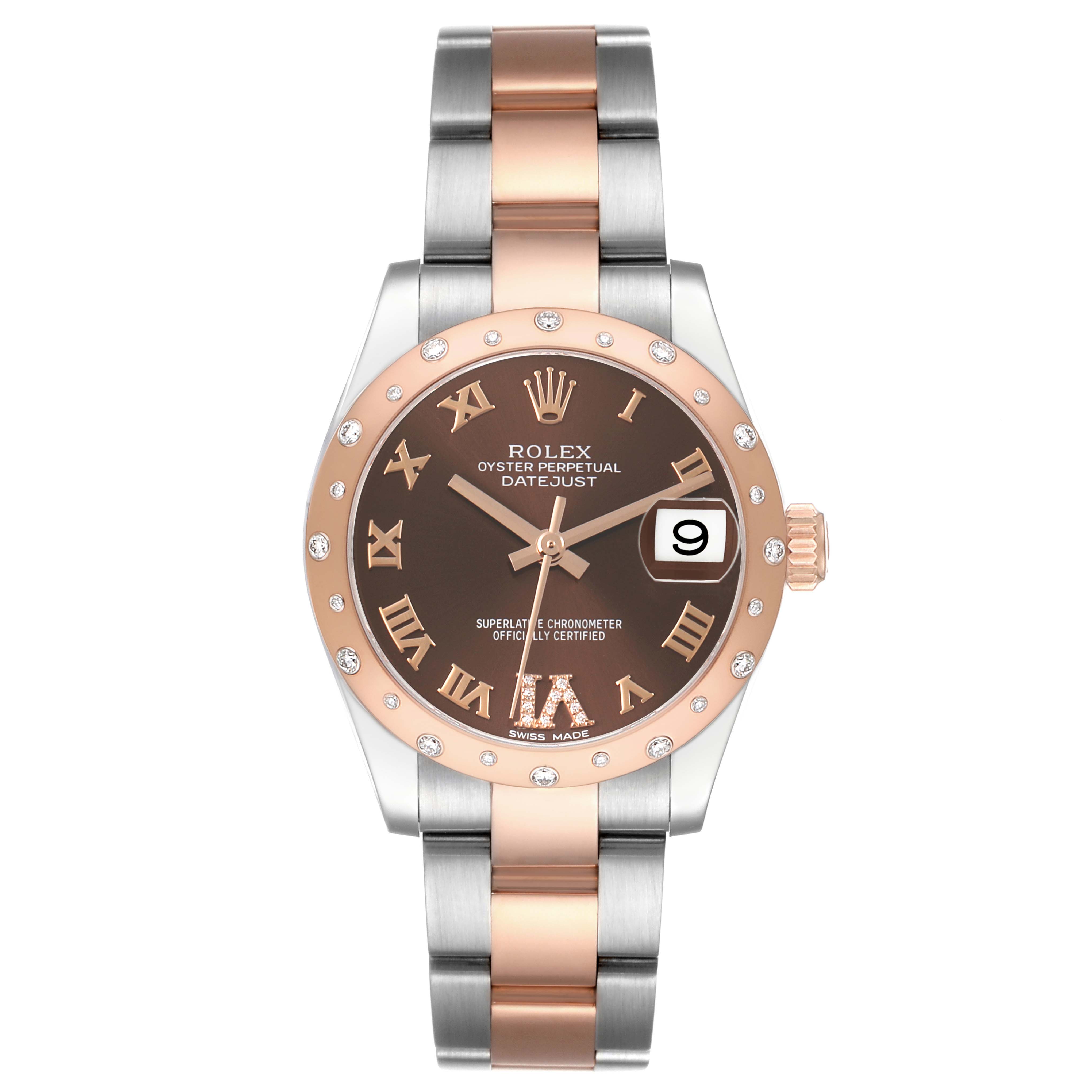 The Rolex Mid-Size 178341 Women's Steel and Gold (two tone) Brown Dial watch is shown from a top-down angle, displaying the face, bezel, bracelet, and crown.