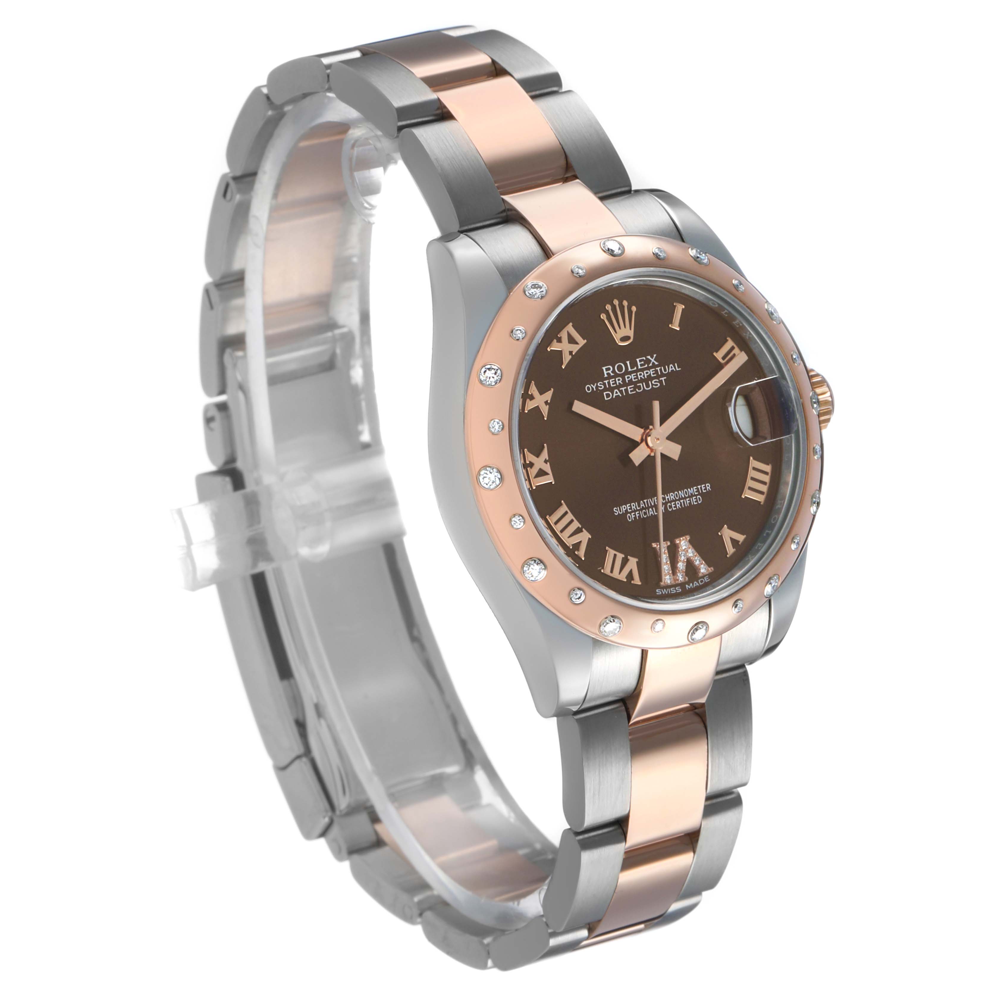 The image shows a Rolex Datejust Mid-Size watch at a three-quarter frontal angle, highlighting its two-tone bracelet and bezel.
