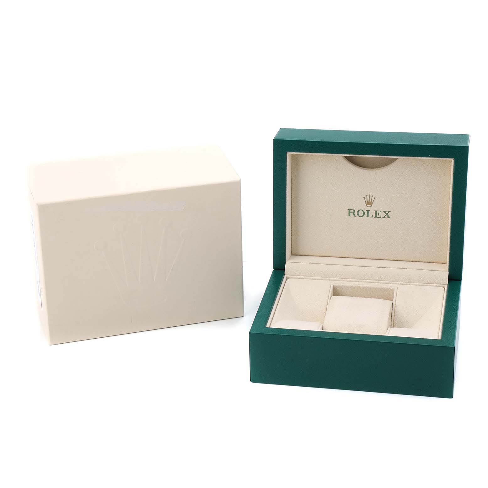 The image shows a Rolex Mid-Size 178341 Women's Steel and Gold (two tone) Brown Dial model watch box and its outer packaging from a front angle, highlighting the open interior.