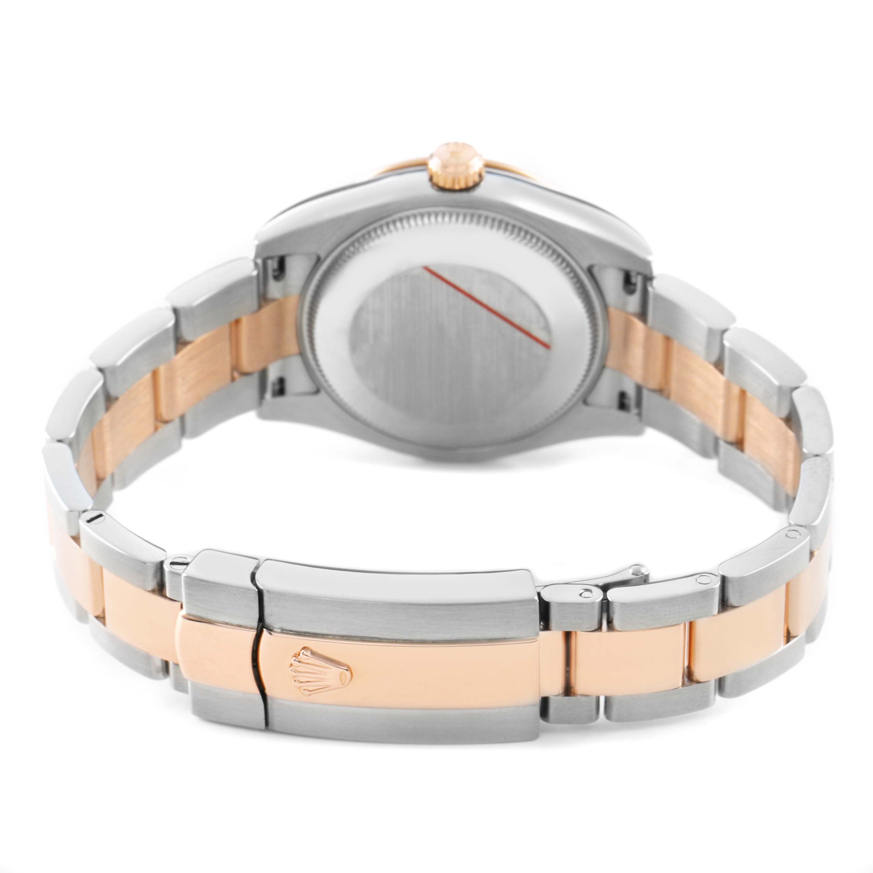 The image shows the back of the Rolex Mid-Size 178341 Women's Steel and Gold (two tone) Brown Dial watch, highlighting the bracelet and clasp with the Rolex logo.