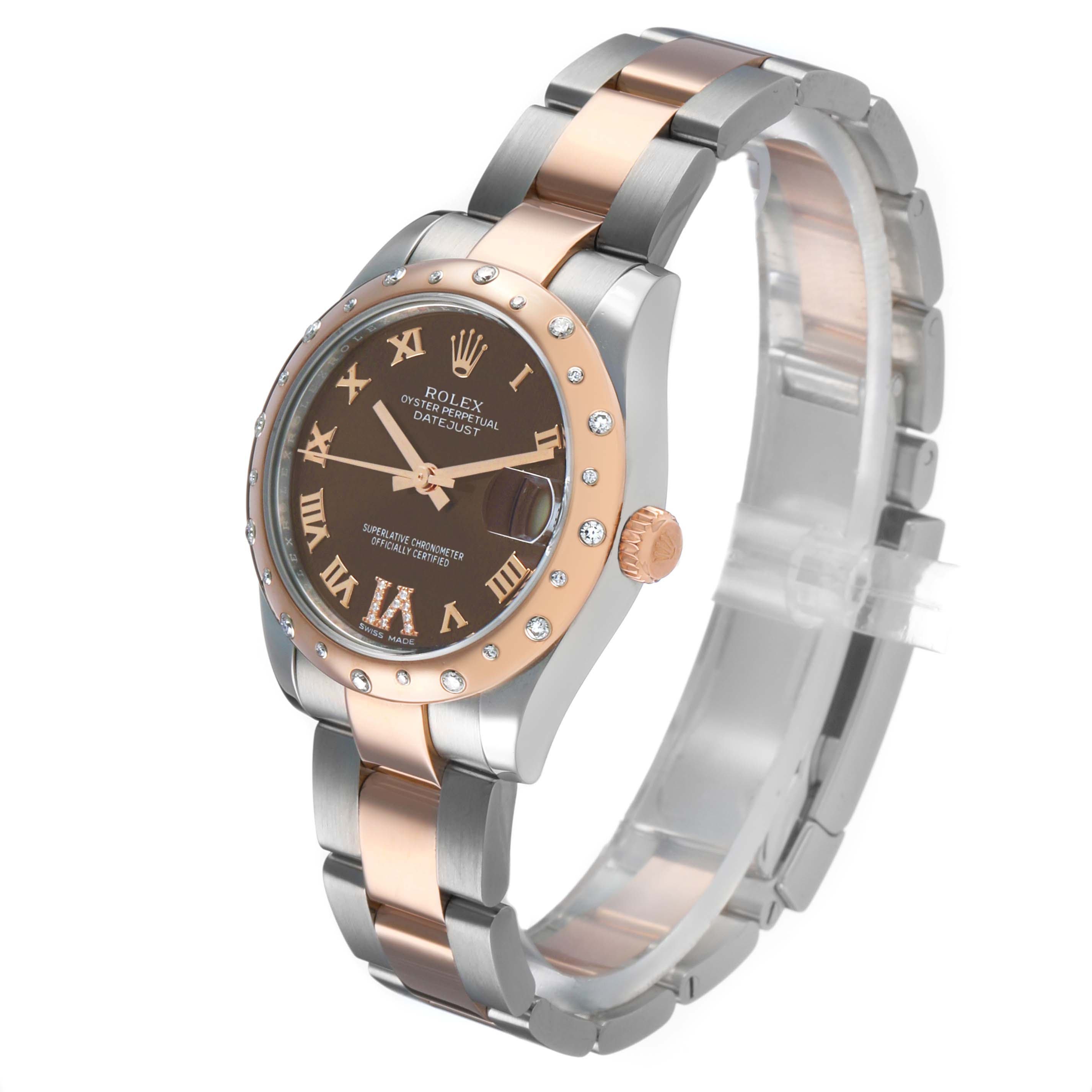 The Rolex Mid-Size 178341 Women's Steel and Gold (two tone) Brown Dial watch is shown at a three-quarter angle, highlighting the bezel, dial, and bracelet.