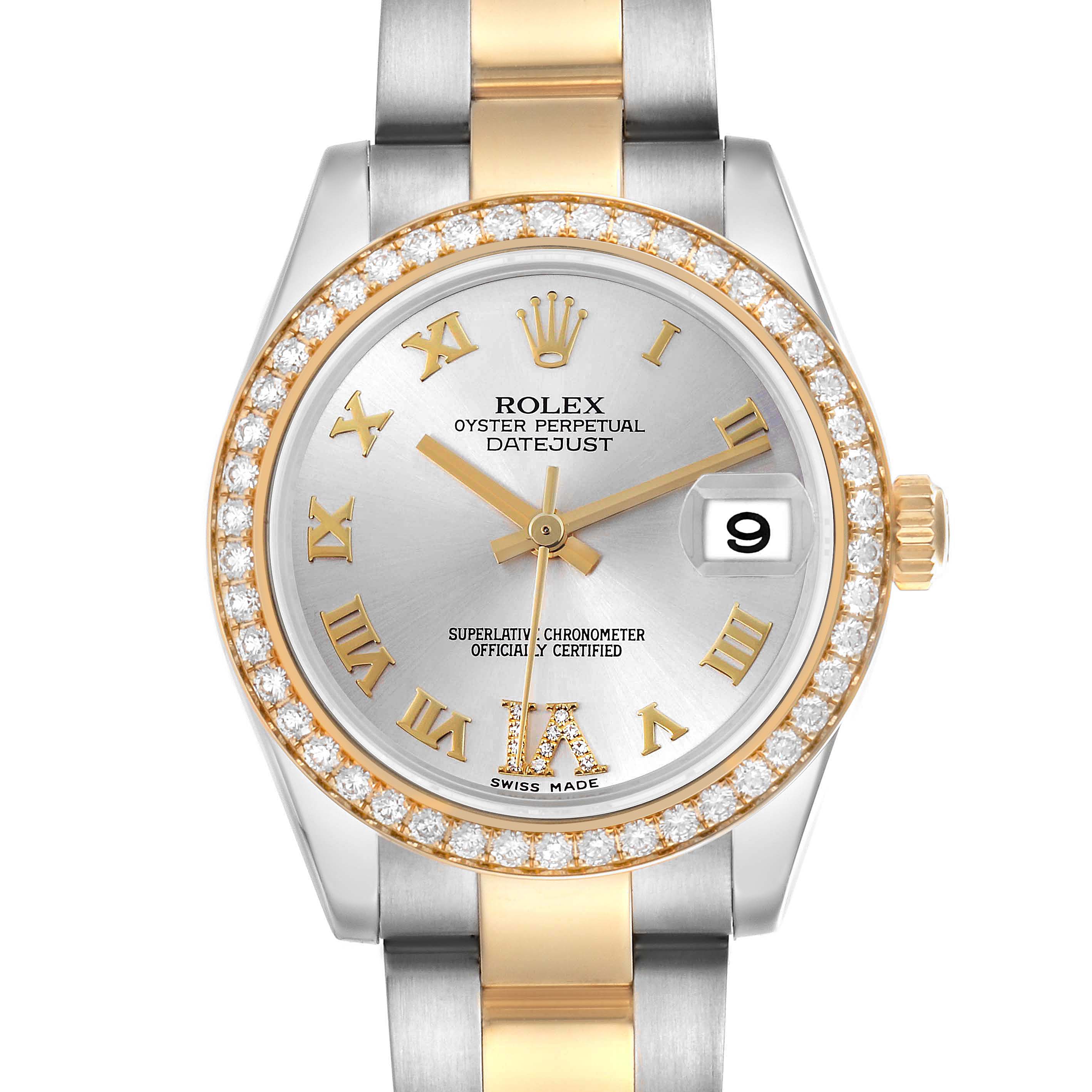 The Rolex Datejust 178383 Women's Steel and Gold (two tone) Silver Dial 178383 Women's Steel and Gold (two tone) Silver Dial watch is shown from a front angle, displaying the face, bezel, and part of the two-tone bracelet.