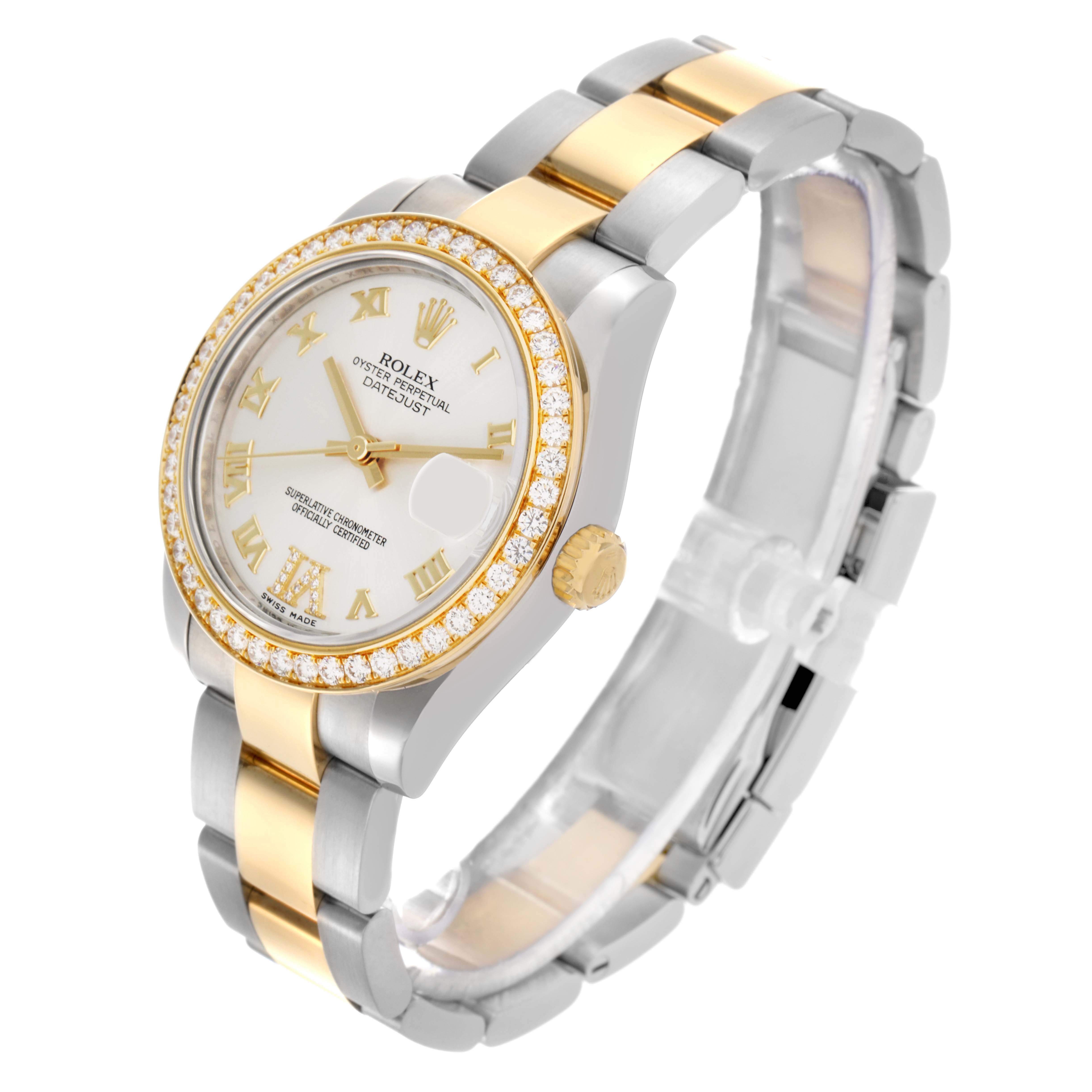 The Rolex Datejust 178383 Women's Steel and Gold (two tone) Silver Dial 178383 Women's Steel and Gold (two tone) Silver Dial watch is shown at a three-quarter angle, highlighting the bezel, dial, crown, and two-tone bracelet.