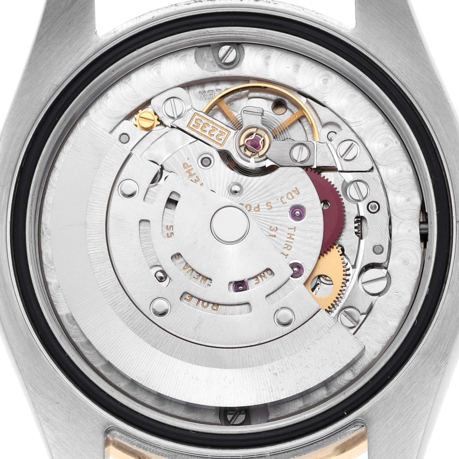 The image shows the back view of a Rolex Datejust 178383 Women's Steel and Gold (two tone) Silver Dial 178383 Women's Steel and Gold (two tone) Silver Dial, highlighting its movement and internal mechanisms.