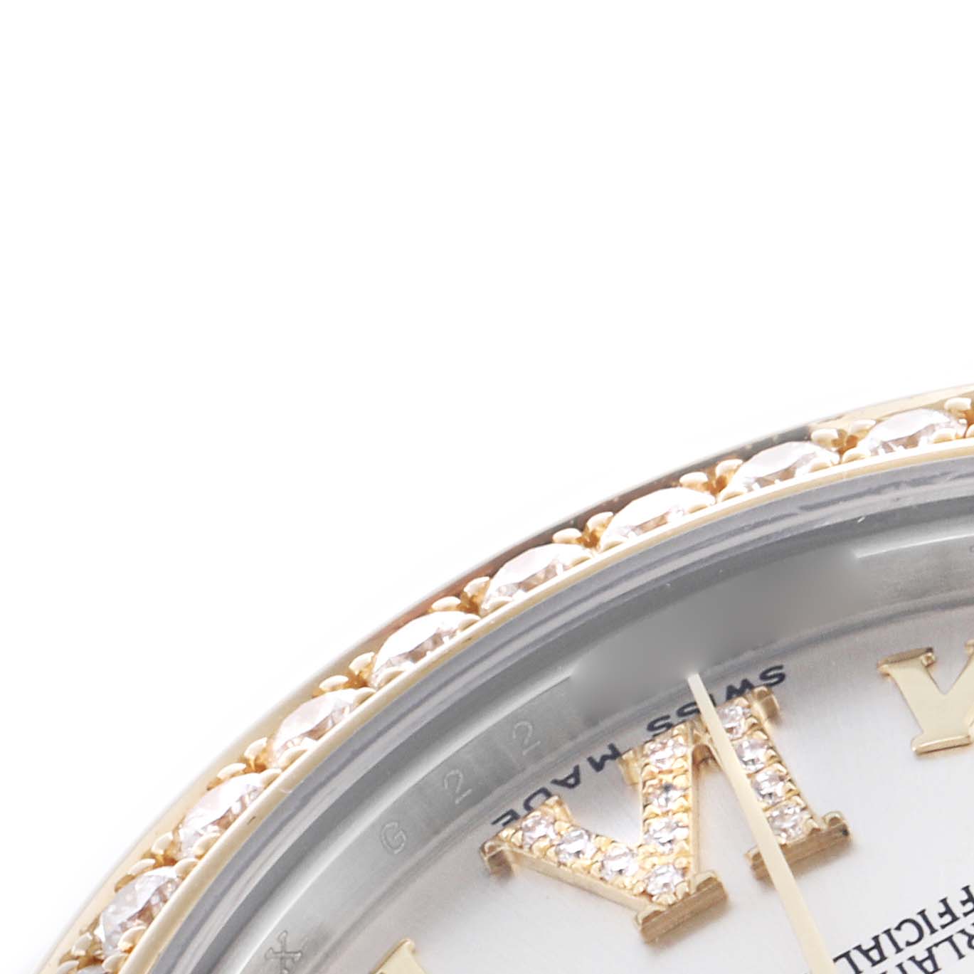 The image shows a close-up of a Rolex Datejust 178383 Women's Steel and Gold (two tone) Silver Dial 178383 Women's Steel and Gold (two tone) Silver Dial watch, highlighting the diamond-encrusted bezel and part of the dial with Roman numerals.