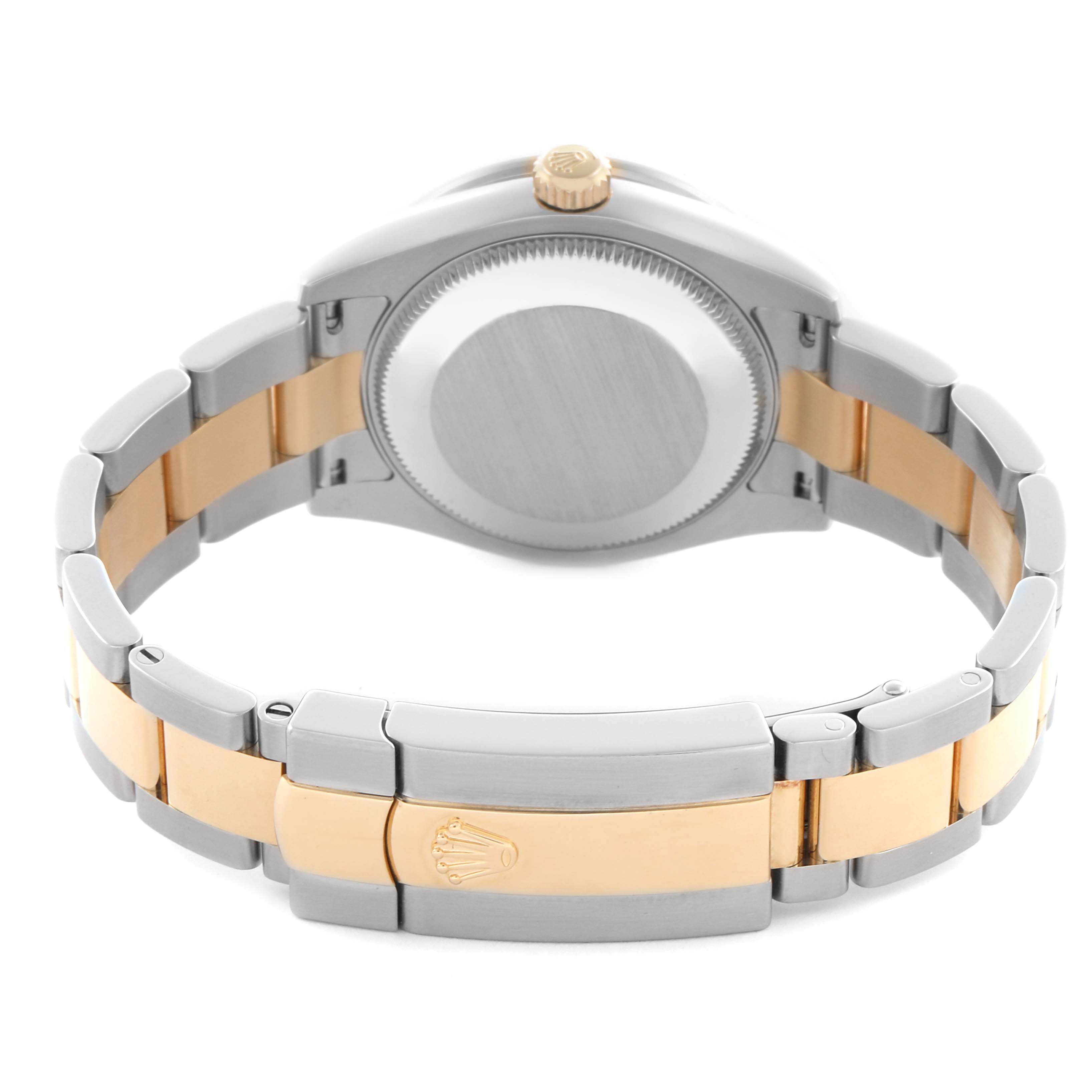 The image shows the back of a Rolex Datejust 178383 Women's Steel and Gold (two tone) Silver Dial 178383 Women's Steel and Gold (two tone) Silver Dial watch, highlighting the case, crown, and two-tone bracelet.