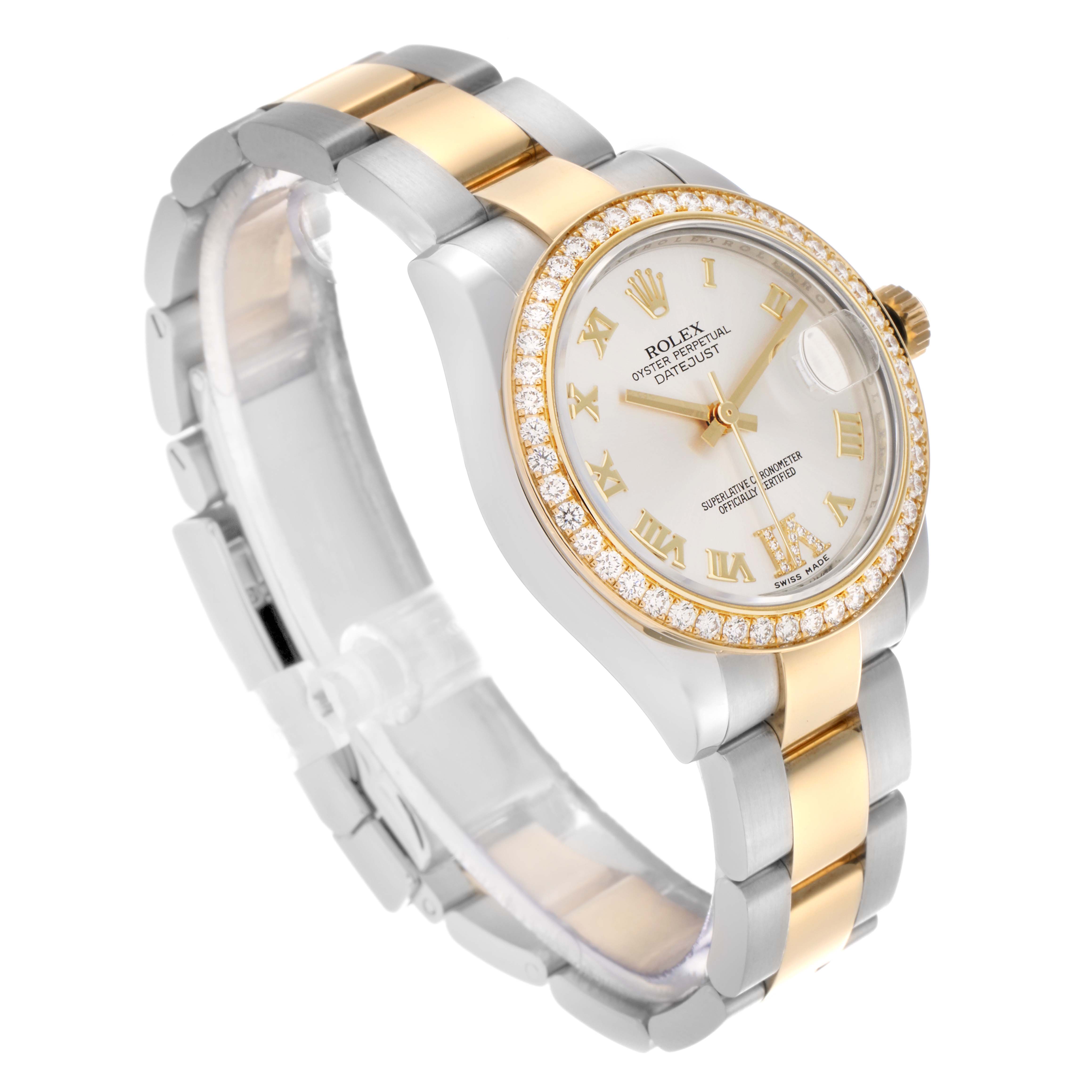 The image shows a Rolex Datejust 178383 Women's Steel and Gold (two tone) Silver Dial 178383 Women's Steel and Gold (two tone) Silver Dial at a three-quarter angle, highlighting the watch face, bezel, and two-tone bracelet.