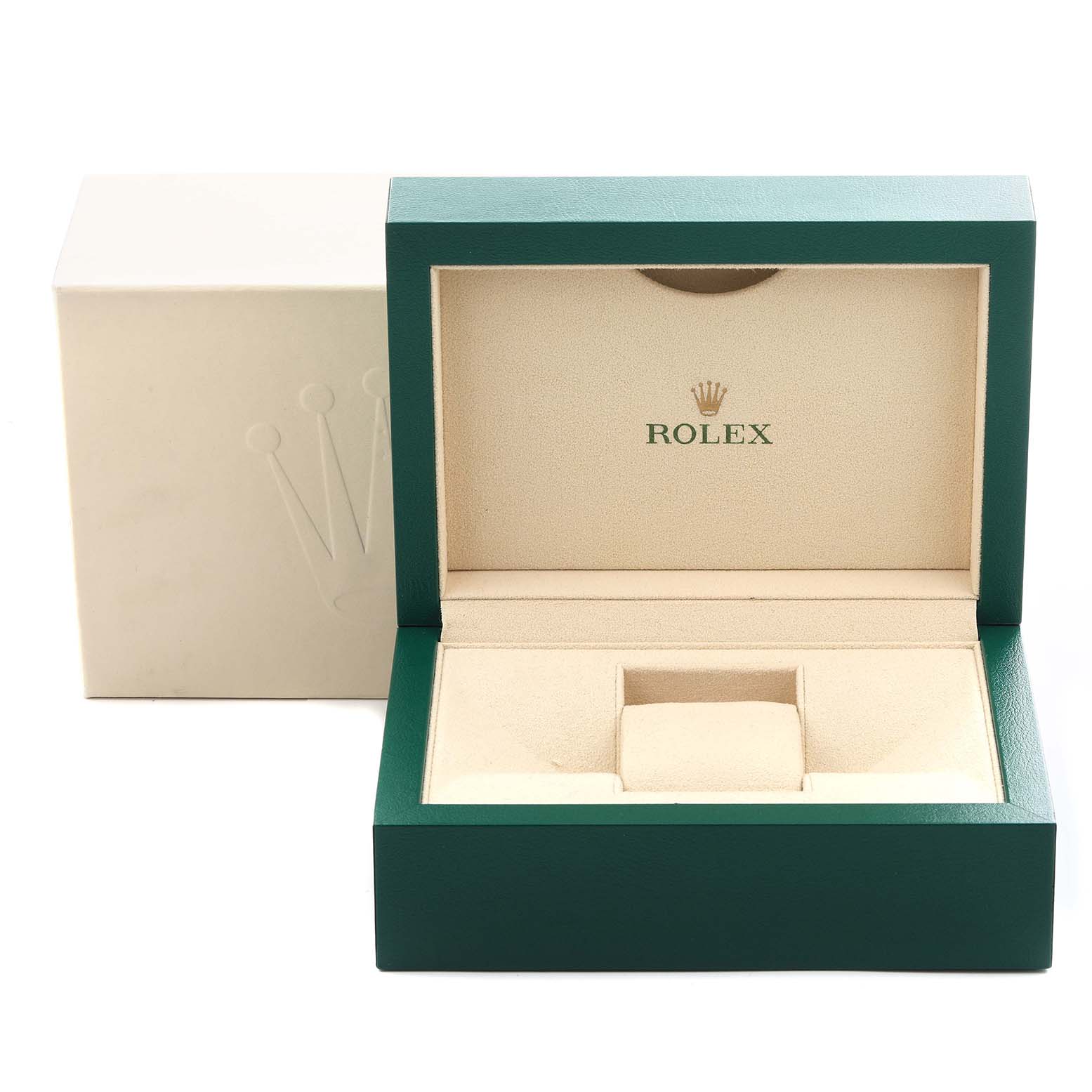 The image shows a Rolex Datejust 178383 Women's Steel and Gold (two tone) Silver Dial 178383 Women's Steel and Gold (two tone) Silver Dial watch box and outer packaging at a slight angle, displaying the green interior and logo.