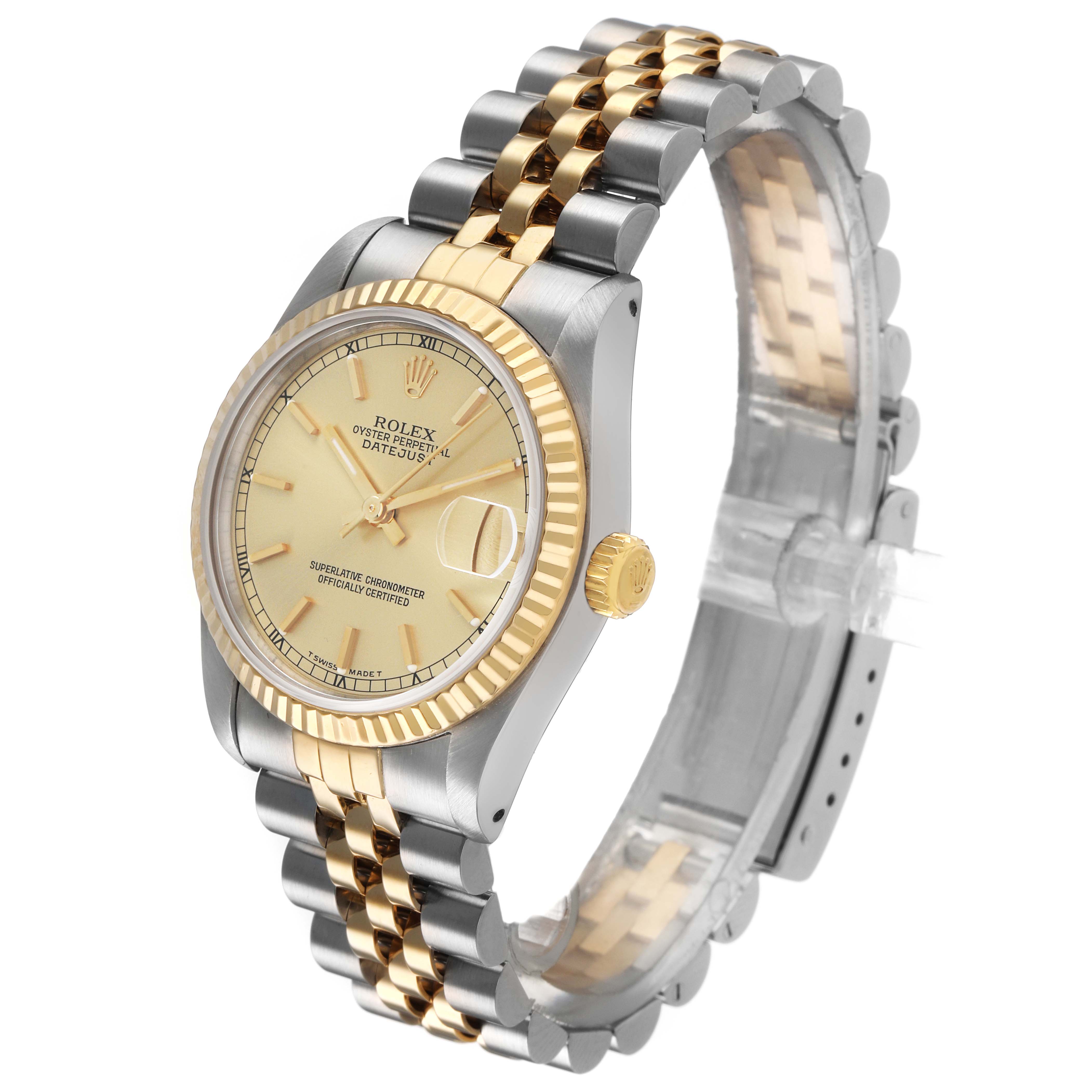 The Rolex Mid-Size 68273 Women's Steel and Gold (two tone) Champagne Dial watch is shown at a three-quarter angle, highlighting the gold bezel, crown, and two-tone bracelet.