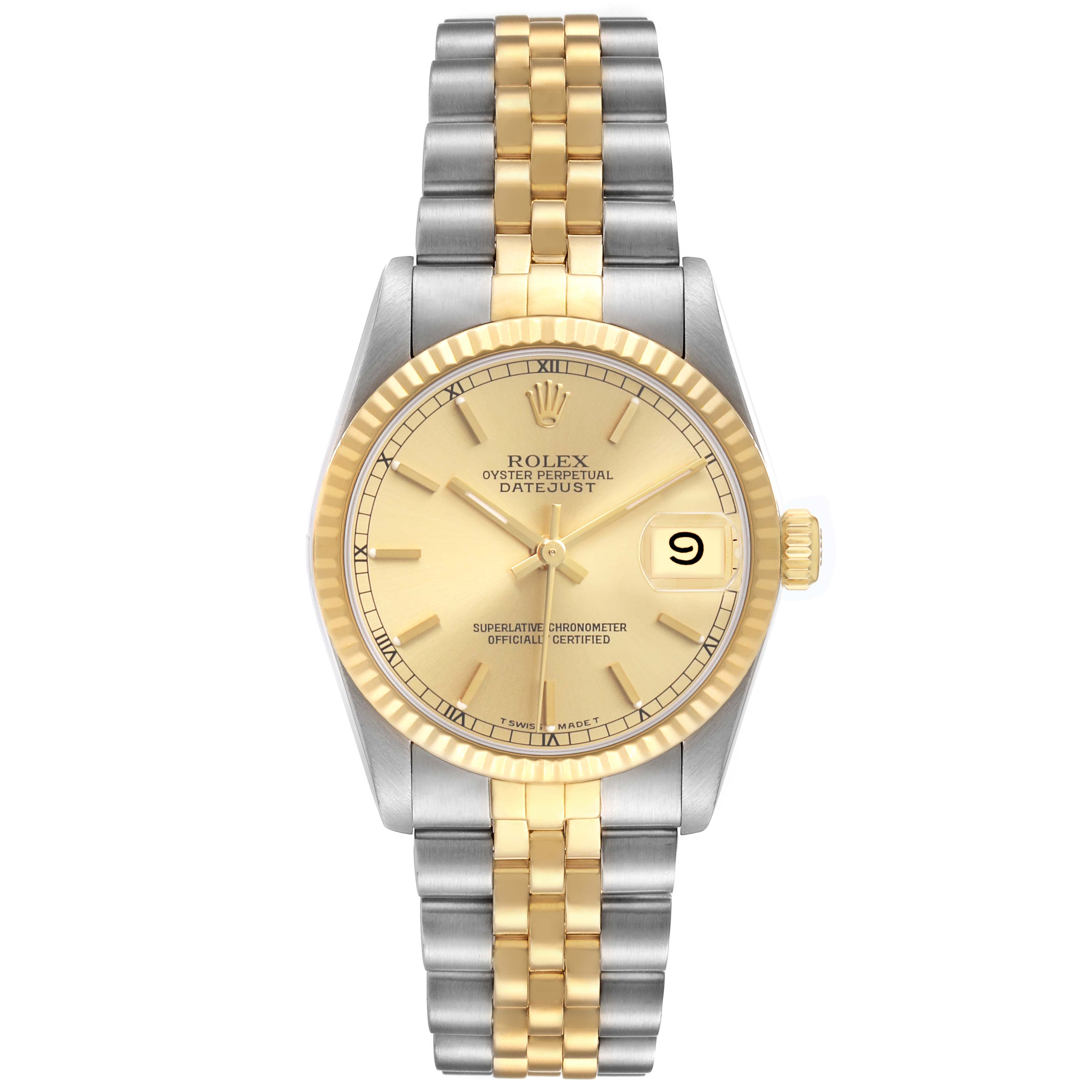 The Rolex Datejust Mid-Size model is shown from the front, highlighting the dial, bezel, and bracelet.