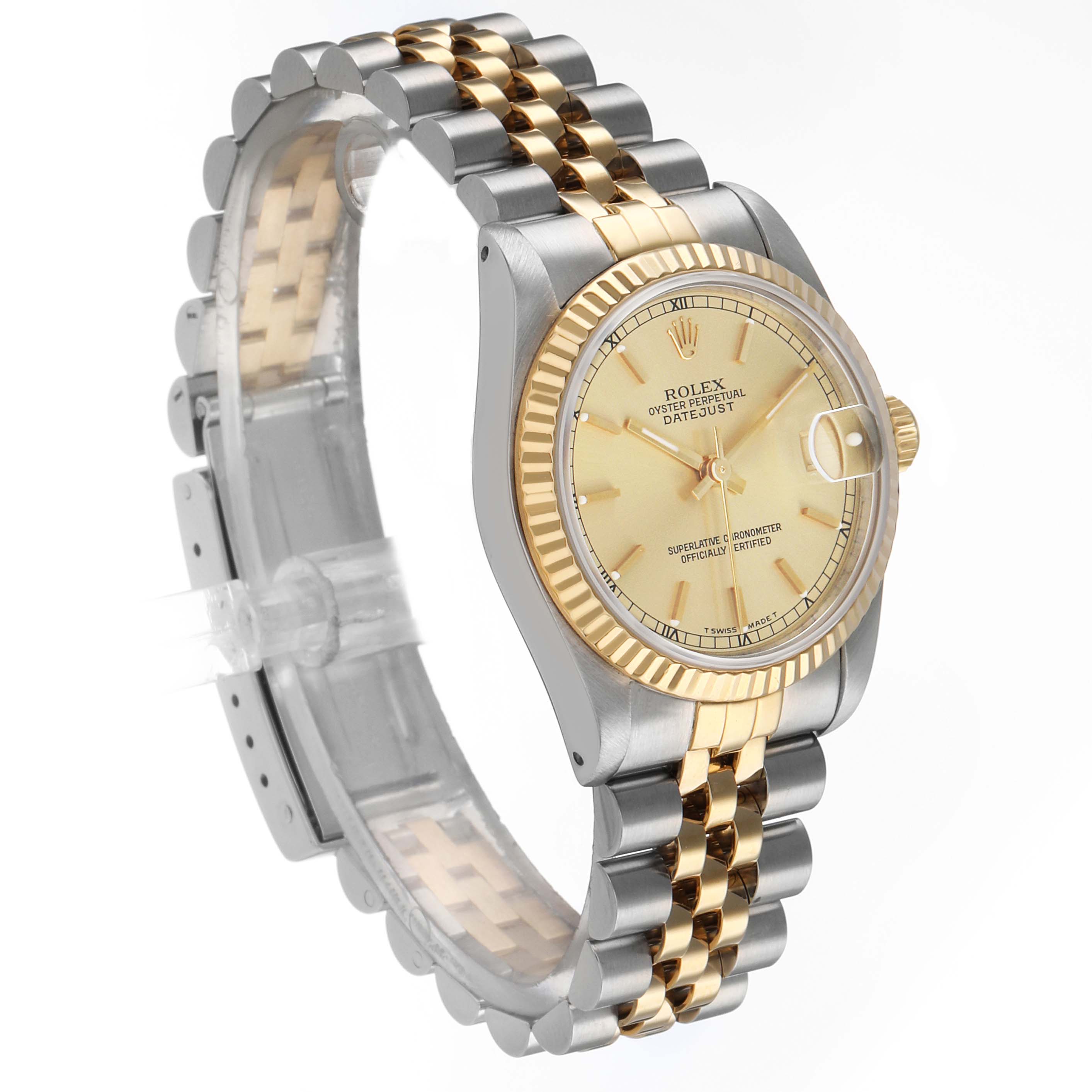 The Rolex Mid-Size 68273 Women's Steel and Gold (two tone) Champagne Dial watch is shown at a three-quarter angle, displaying the dial, bezel, crown, and two-tone bracelet clearly.
