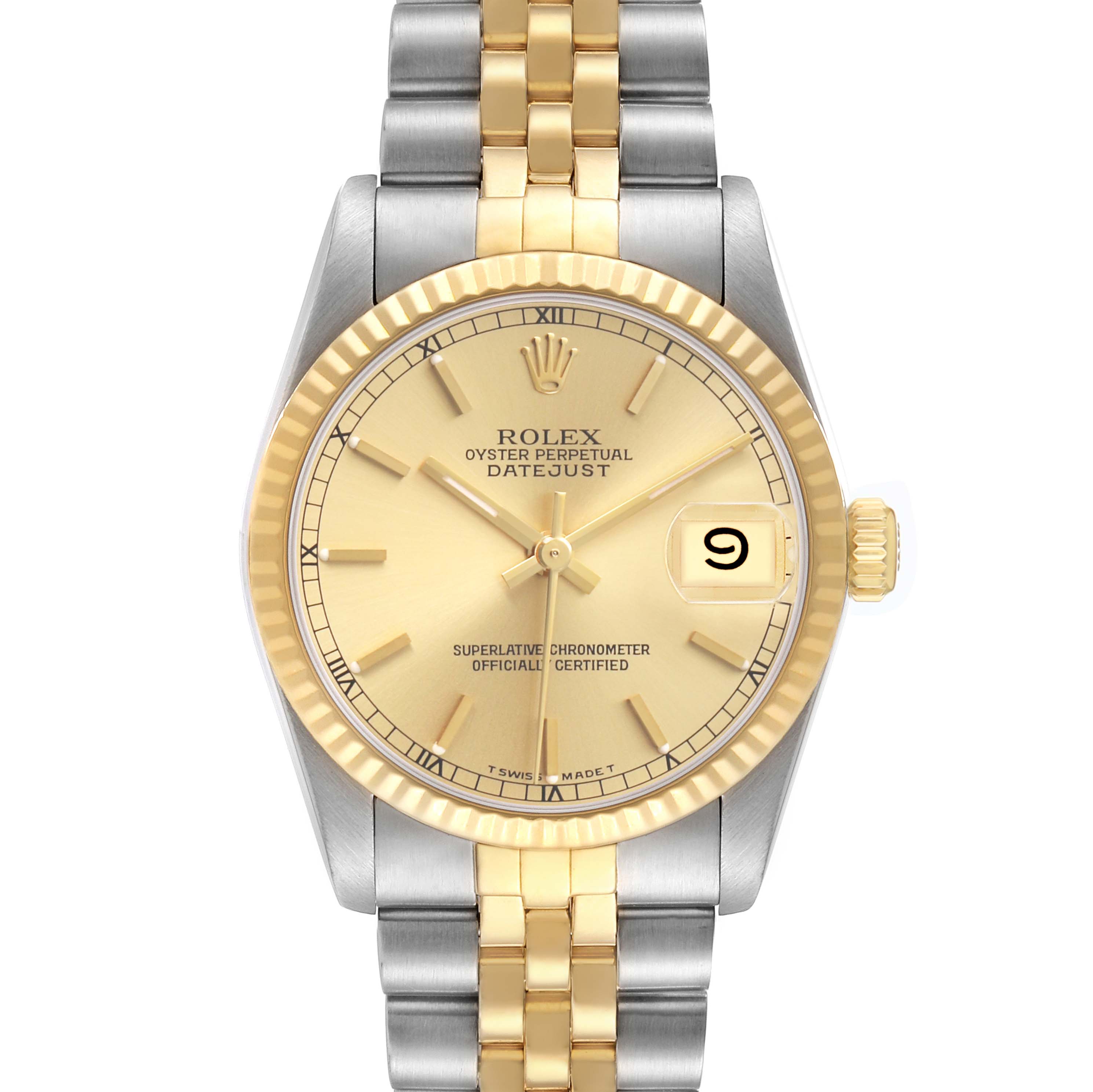 The Rolex Datejust Mid-Size watch is shown from the front, displaying its gold and silver bracelet, gold dial, and fluted bezel.