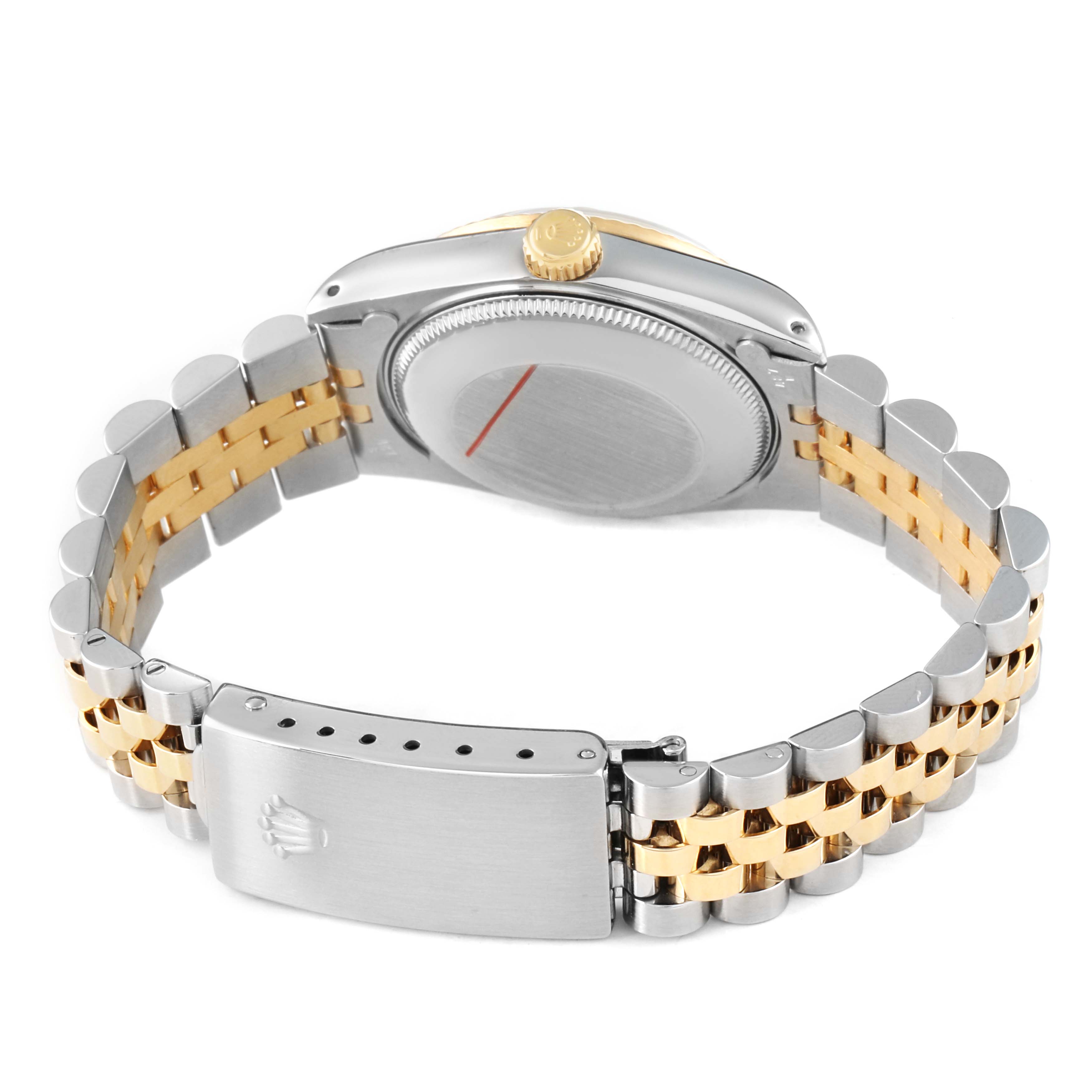 The image shows the back view of a Rolex Mid-Size 68273 Women's Steel and Gold (two tone) Champagne Dial model, highlighting the bracelet, case back, and crown.