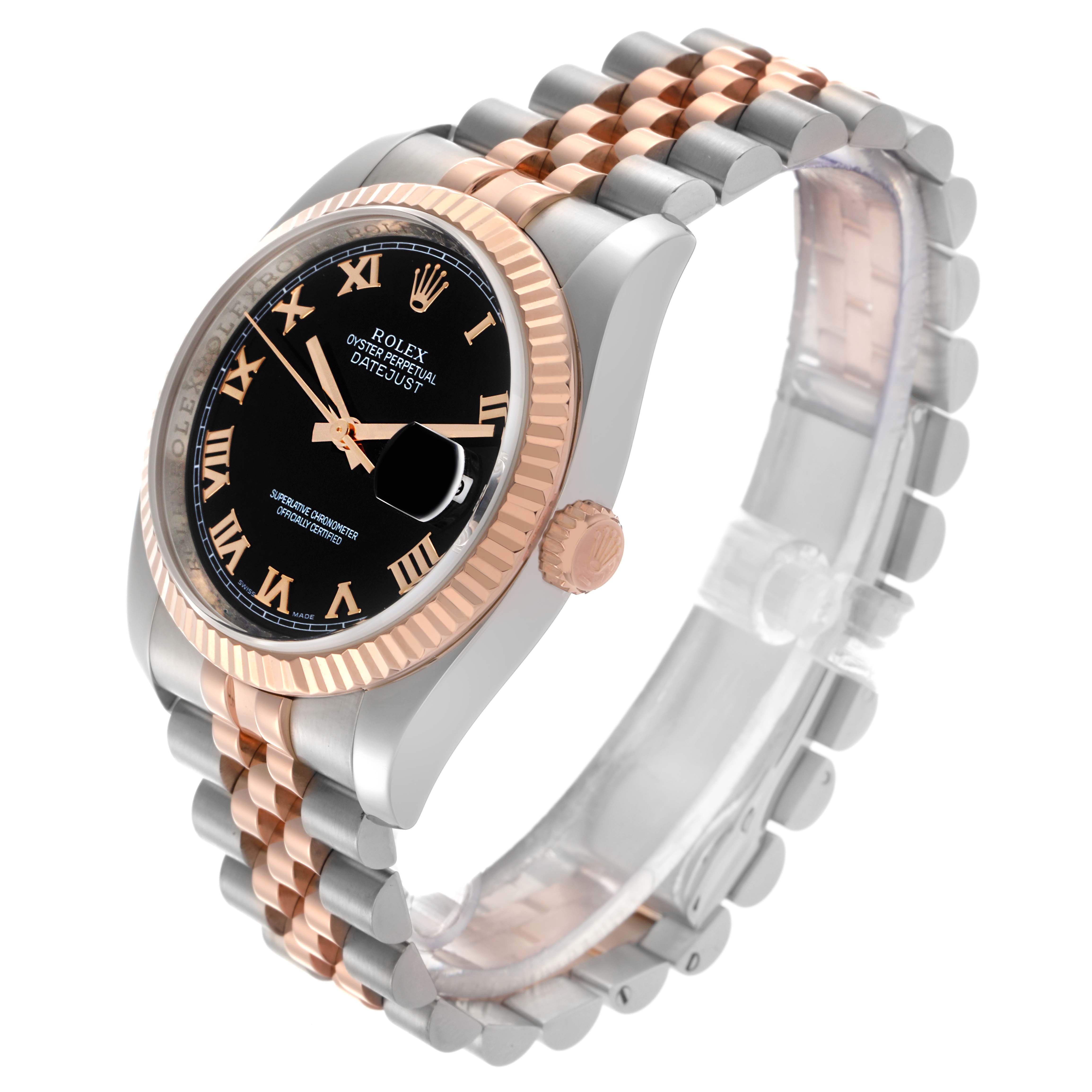 The Rolex Datejust 116231 Men's Steel and Gold (two tone) Black Dial 116231 Men's Steel and Gold (two tone) Black Dial watch is shown at a three-quarter angle, highlighting its two-tone bezel, black dial, and Jubilee bracelet.