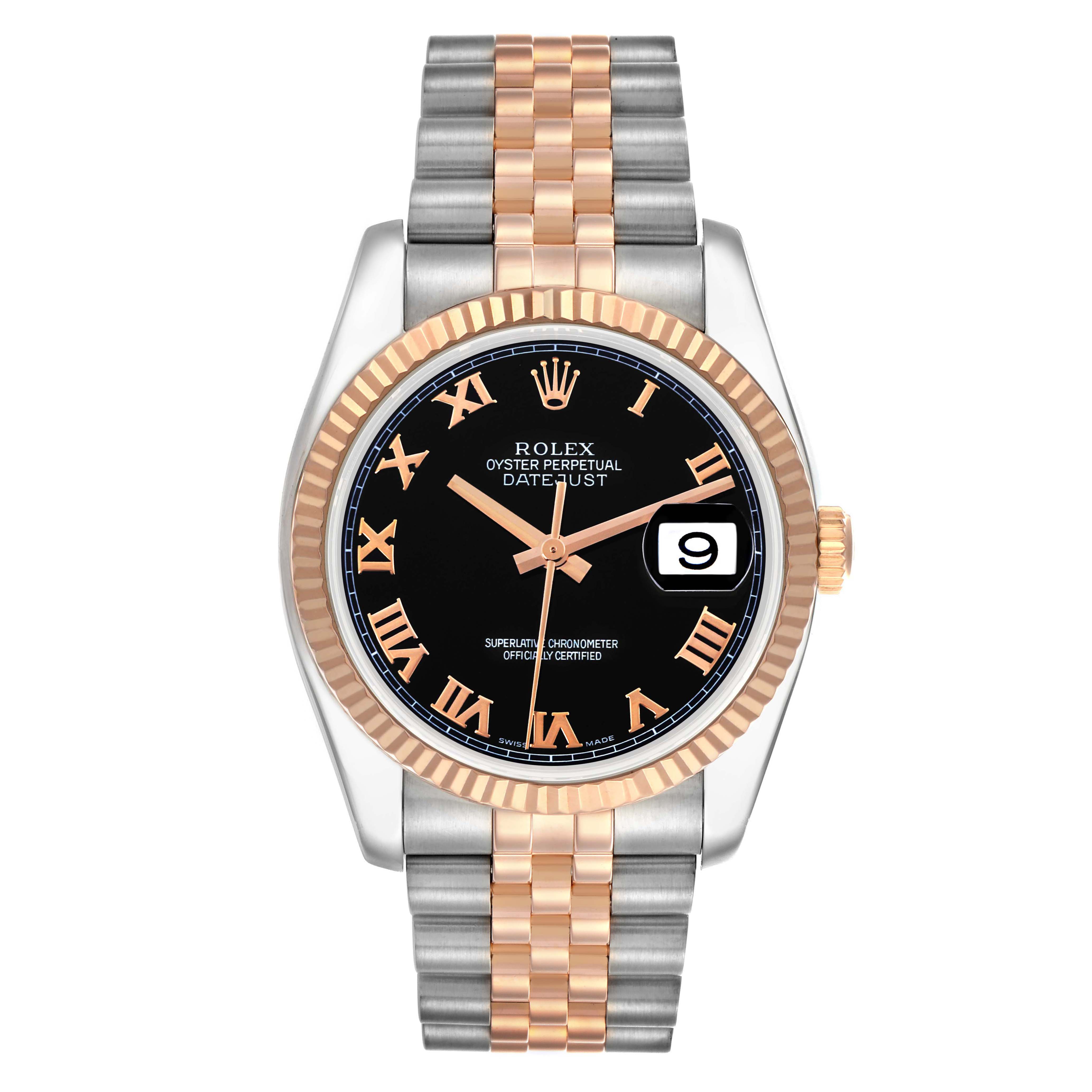 The Rolex Datejust 116231 Men's Steel and Gold (two tone) Black Dial 116231 Men's Steel and Gold (two tone) Black Dial watch is shown from the front, highlighting the black dial, rose gold bezel, and two-tone bracelet.