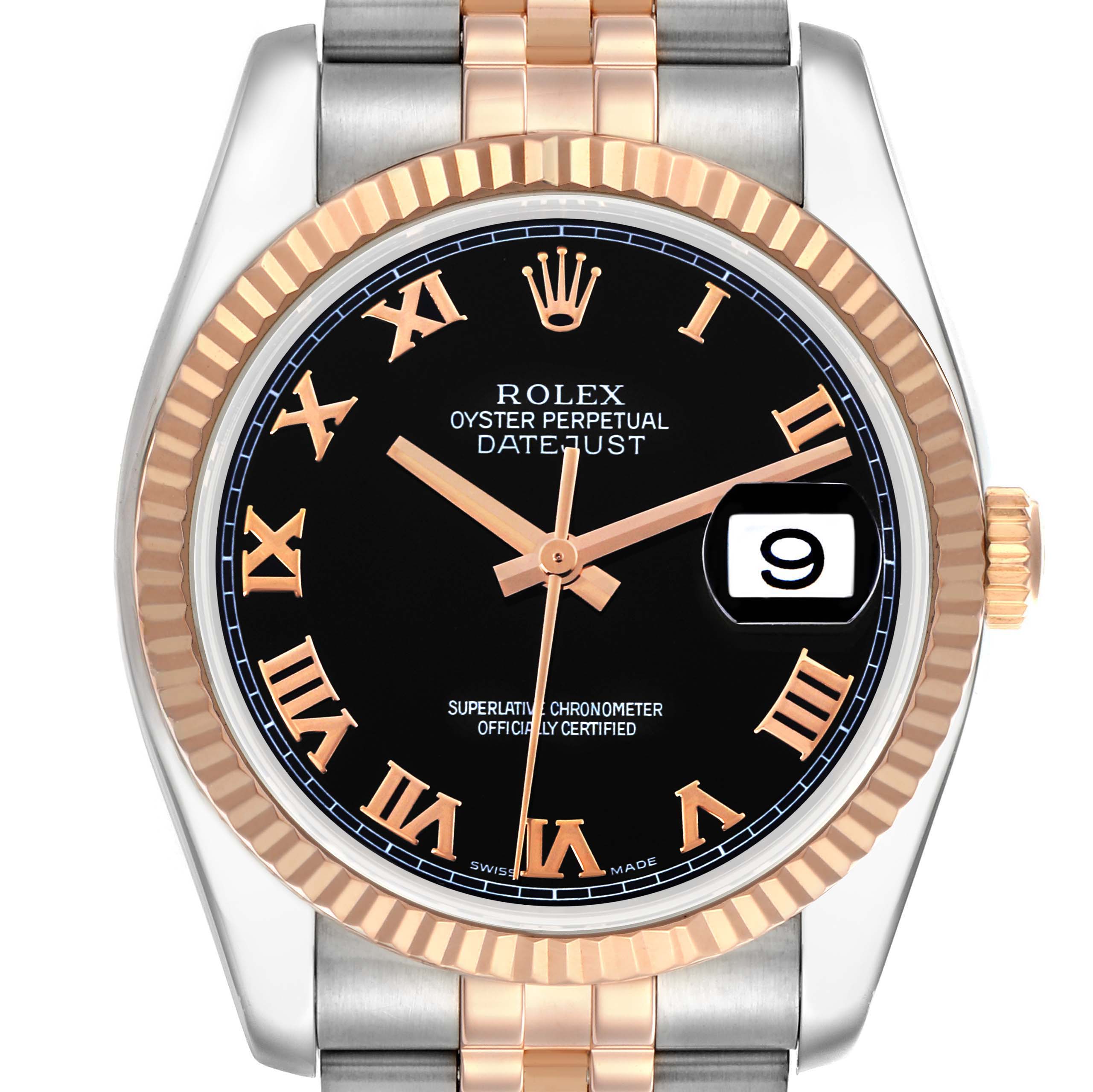The Rolex Datejust 116231 Men's Steel and Gold (two tone) Black Dial 116231 Men's Steel and Gold (two tone) Black Dial watch is shown from the front, highlighting the dial, bezel, and part of the bracelet.