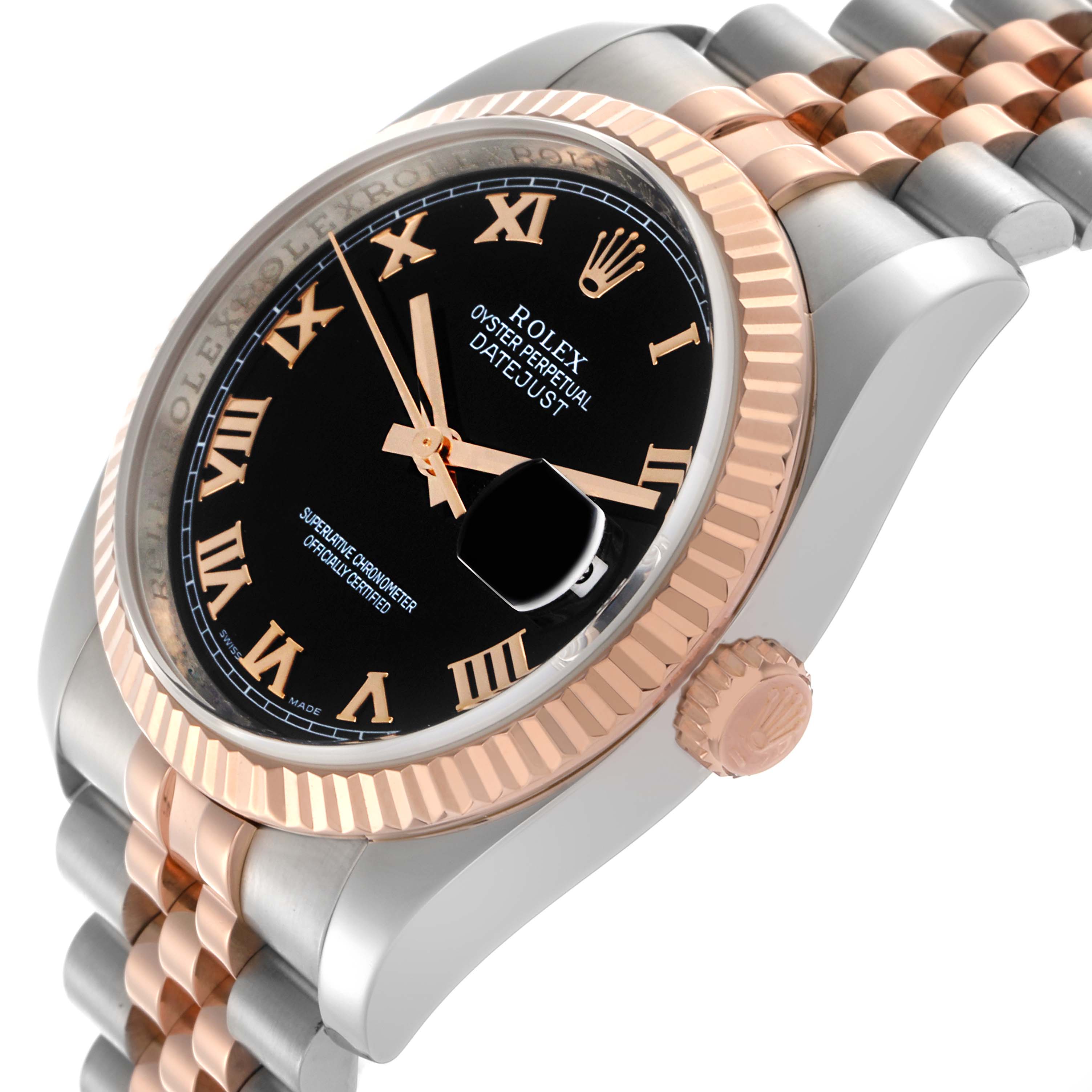 The Rolex Datejust 116231 Men's Steel and Gold (two tone) Black Dial 116231 Men's Steel and Gold (two tone) Black Dial watch is shown from an angle displaying the dial, bezel, case, and part of the bracelet, featuring rose gold accents.