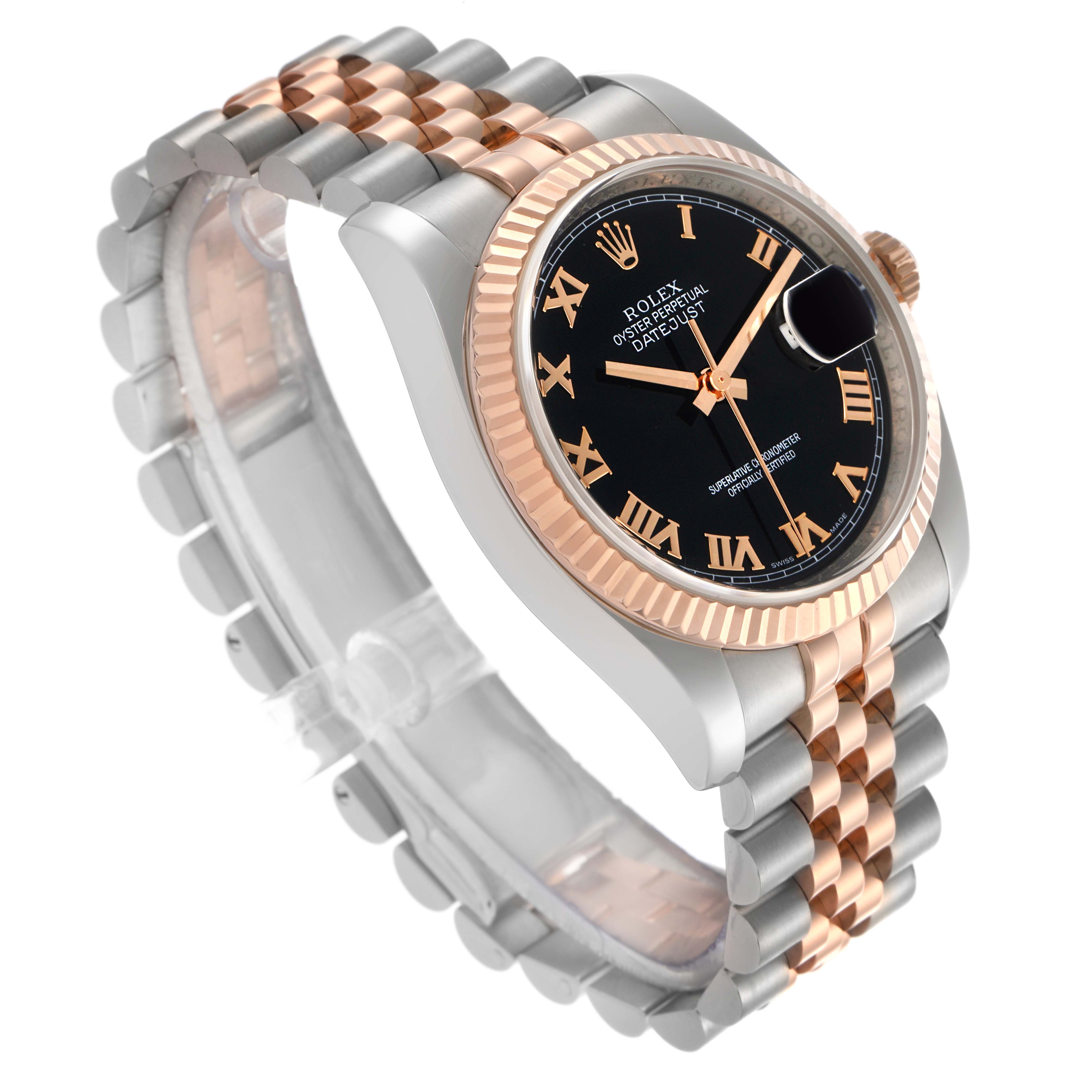 The Rolex Datejust 116231 Men's Steel and Gold (two tone) Black Dial 116231 Men's Steel and Gold (two tone) Black Dial watch is shown at a three-quarter angle, displaying the face, bezel, and two-tone bracelet.