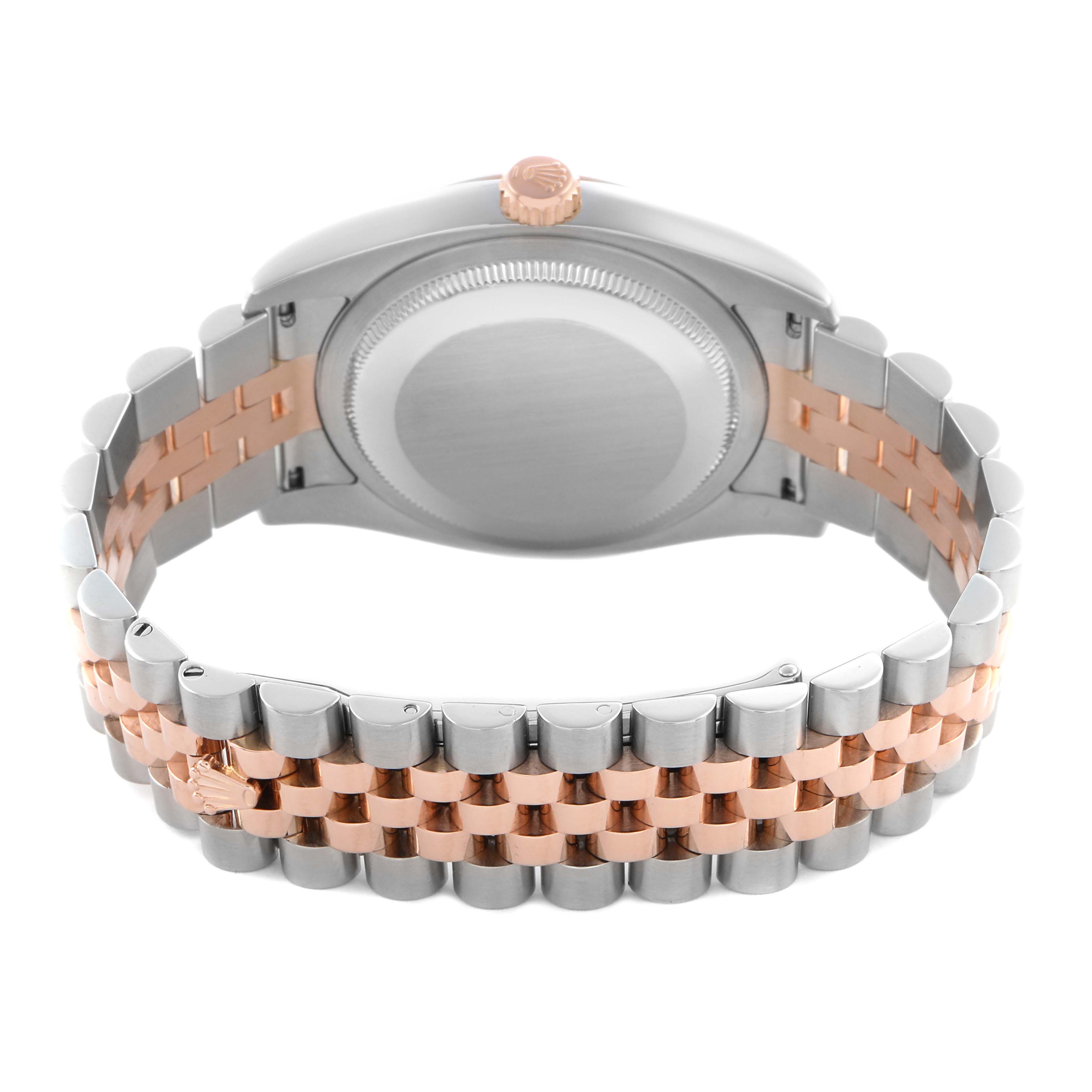 This image shows the back case and bracelet of a Rolex Datejust 116231 Men's Steel and Gold (two tone) Black Dial 116231 Men's Steel and Gold (two tone) Black Dial, highlighting its two-tone metal links.