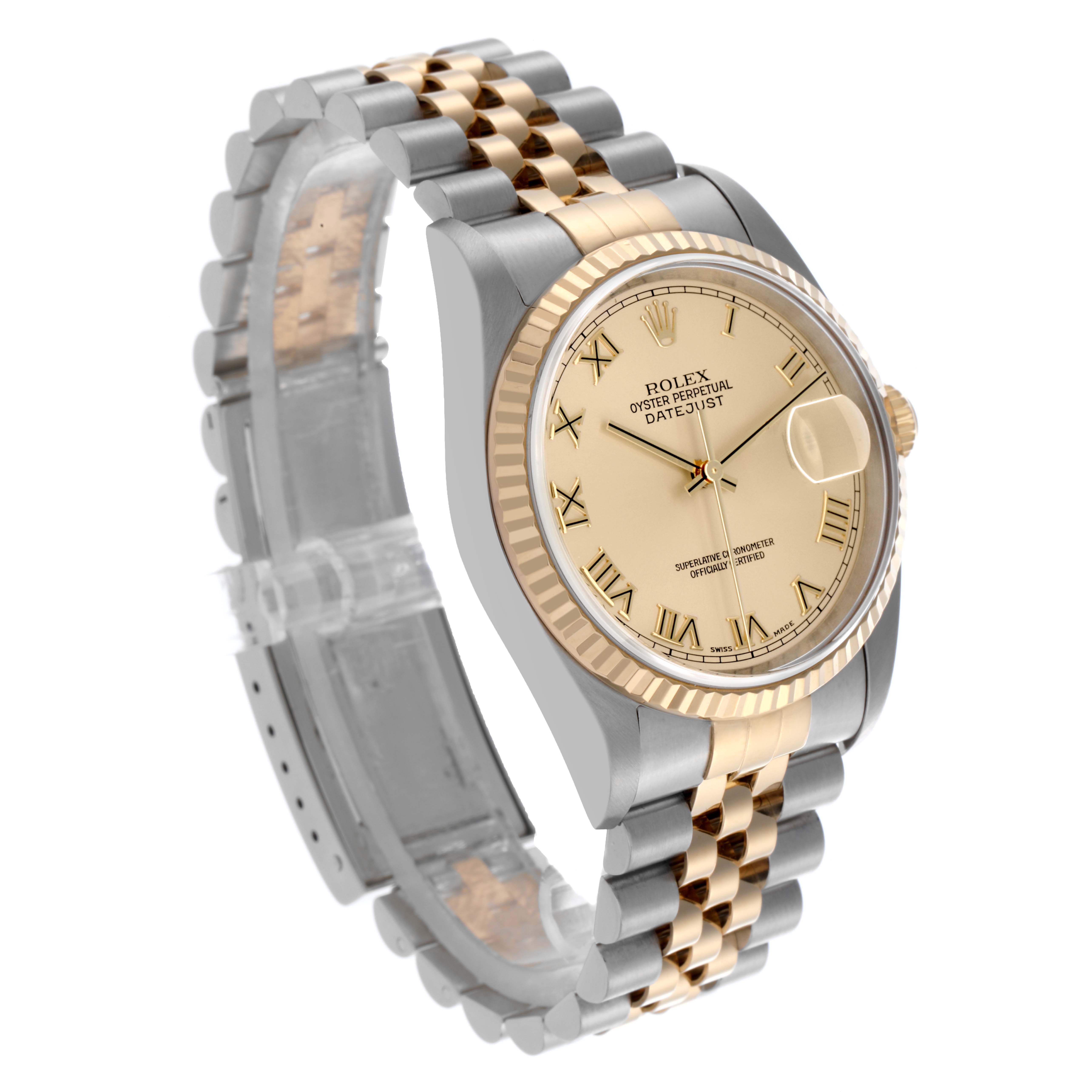 The Rolex Datejust 16233 Men's Steel and Gold (two tone) Champagne Dial 16233 Men's Steel and Gold (two tone) Champagne Dial watch is shown at a three-quarter angle, highlighting the face, bezel, and part of the bracelet.