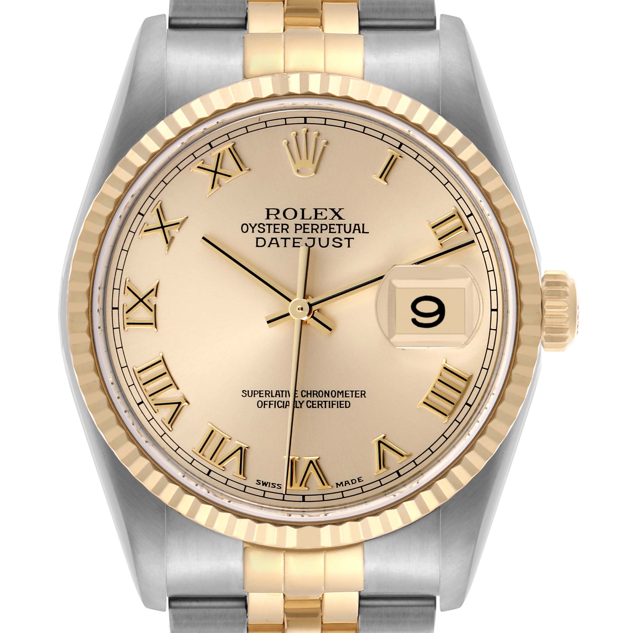 The Rolex Datejust 16233 Men's Steel and Gold (two tone) Champagne Dial 16233 Men's Steel and Gold (two tone) Champagne Dial watch is shown from a front angle, highlighting the dial, bezel, and part of the bracelet.