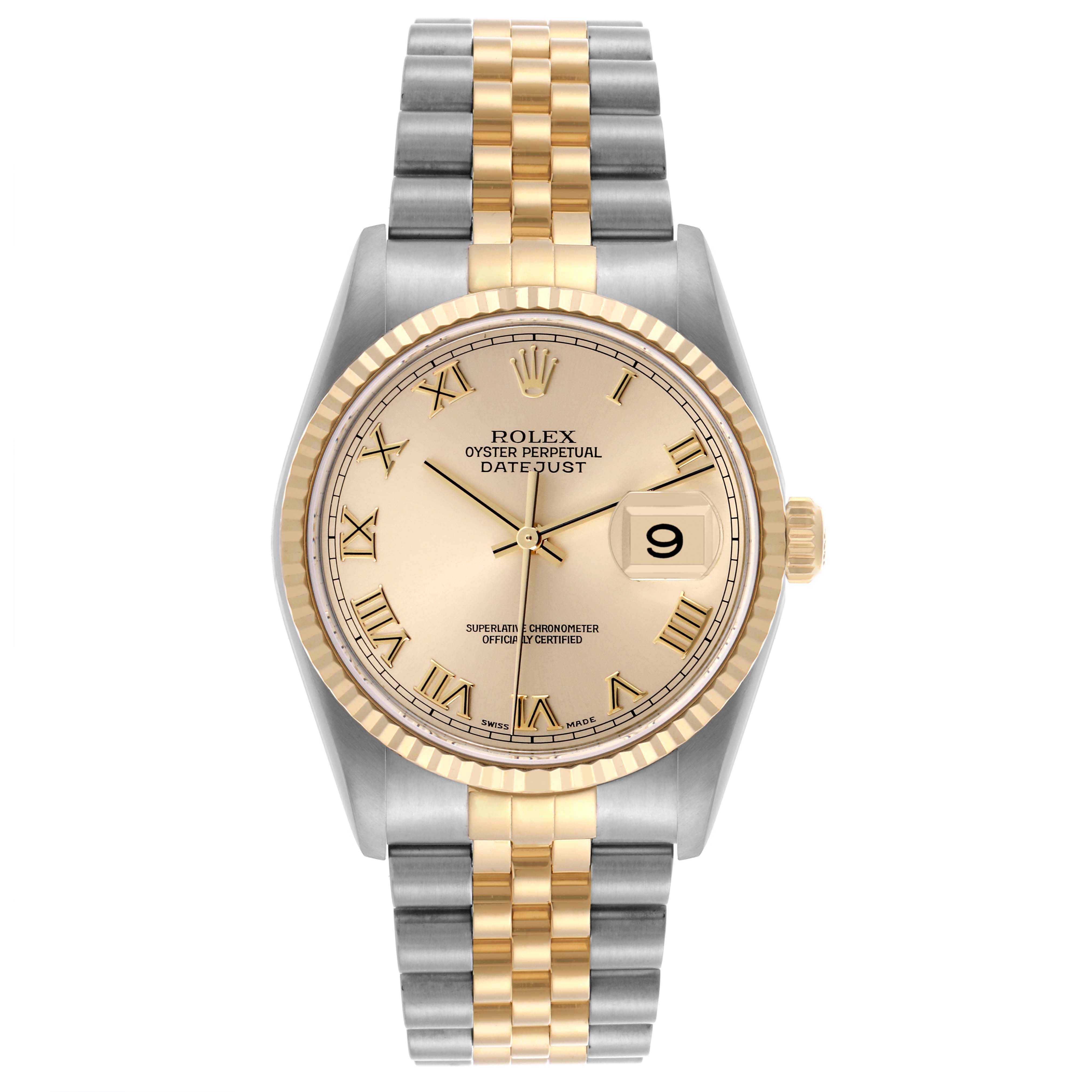 The image shows a Rolex Datejust 16233 Men's Steel and Gold (two tone) Champagne Dial 16233 Men's Steel and Gold (two tone) Champagne Dial watch from the front, highlighting the dial, bracelet, and fluted bezel.