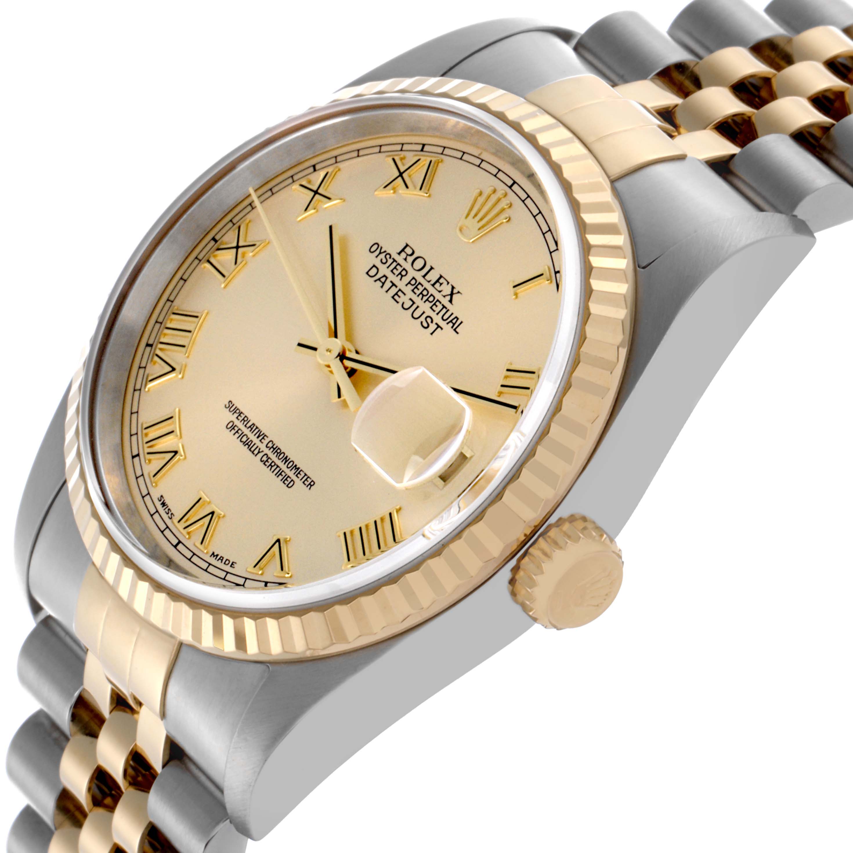 The Rolex Datejust 16233 Men's Steel and Gold (two tone) Champagne Dial 16233 Men's Steel and Gold (two tone) Champagne Dial watch is shown at a slightly angled side view, highlighting the dial, bezel, and part of the bracelet.