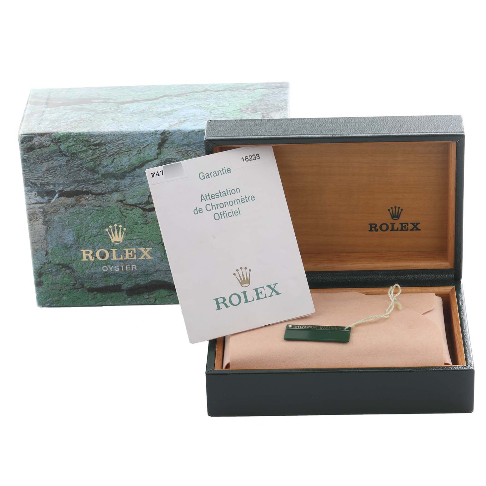 The image shows the Rolex Datejust 16233 Men's Steel and Gold (two tone) Champagne Dial 16233 Men's Steel and Gold (two tone) Champagne Dial model's packaging, including the box, warranty card, and tag, viewed from the front.