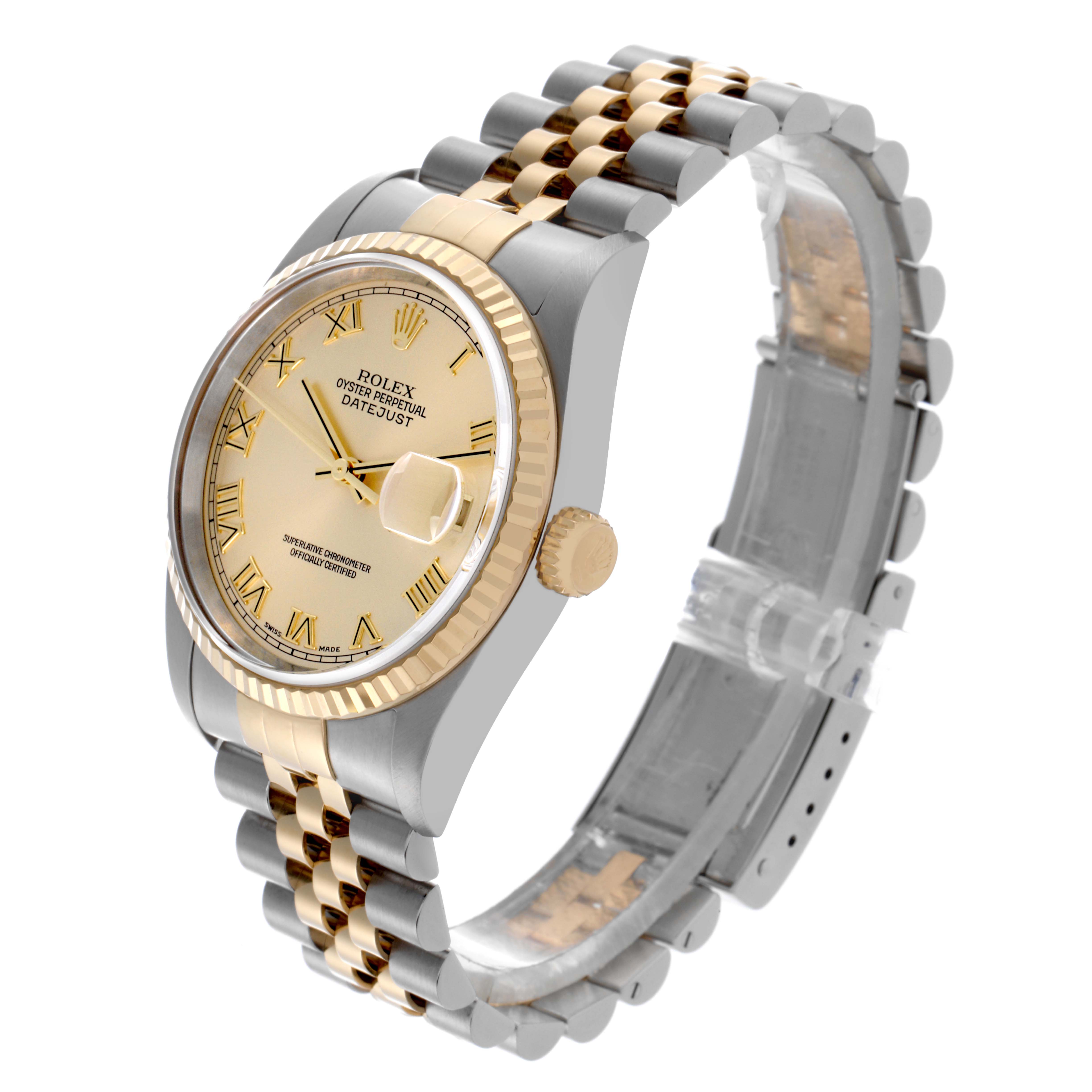 The Rolex Datejust 16233 Men's Steel and Gold (two tone) Champagne Dial 16233 Men's Steel and Gold (two tone) Champagne Dial watch is shown at a three-quarter angle, highlighting the face, bezel, case, crown, and Jubilee bracelet.