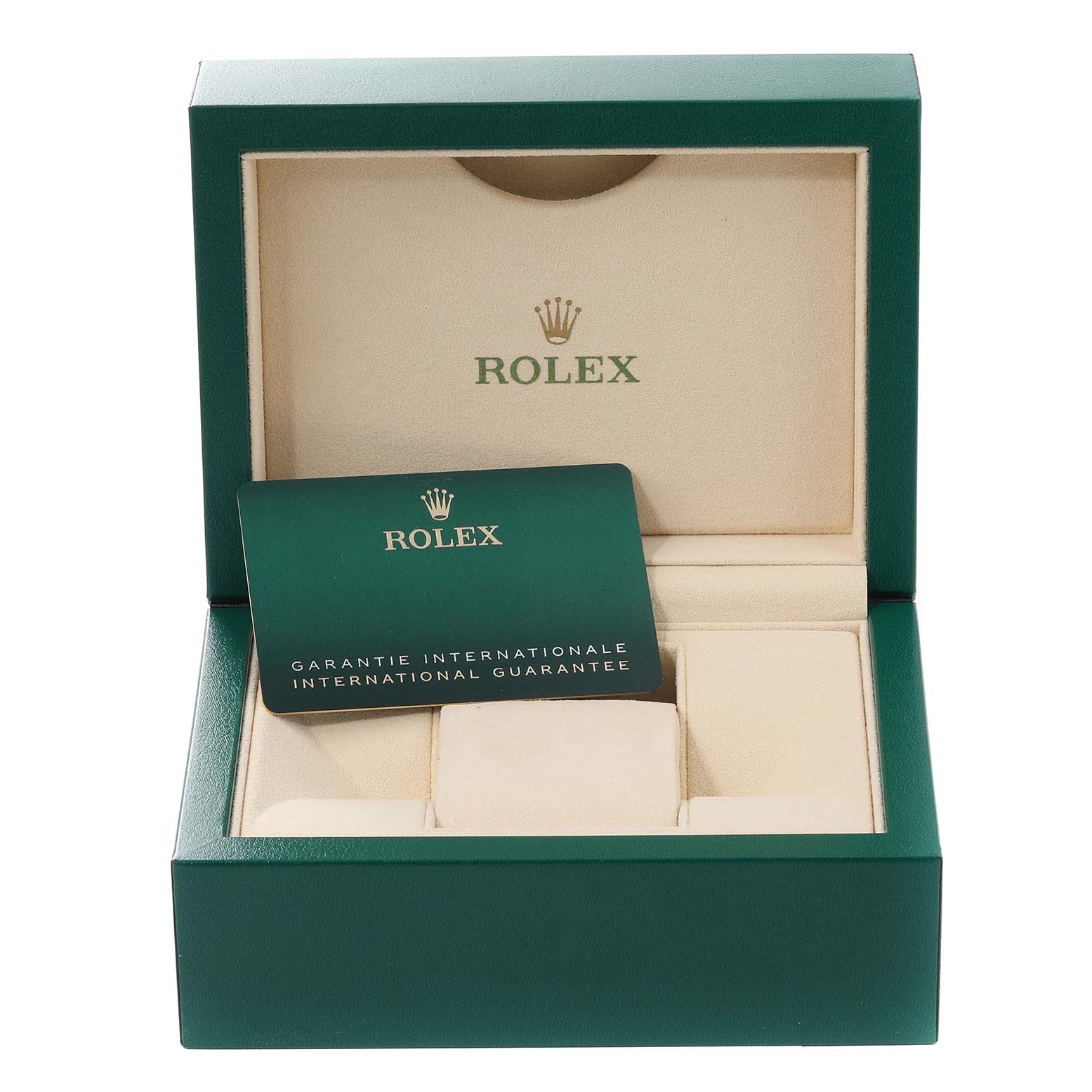 The image shows the green storage box and international warranty card for the Rolex Datejust 41 126301 Men's Steel and Gold (two tone) Grey Dial 126301 Men's Steel and Gold (two tone) Grey Dial.