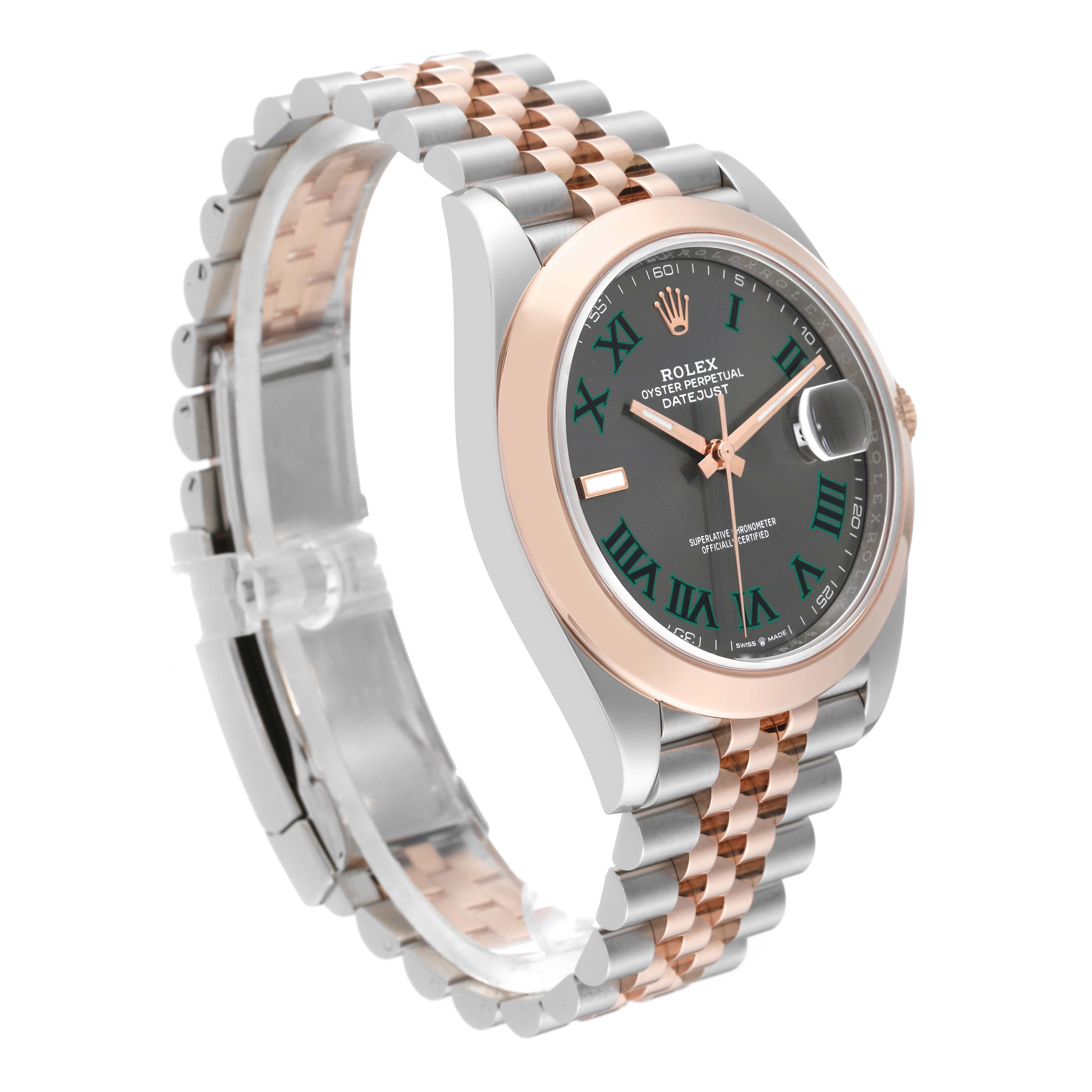 The image shows a side angle of a Rolex Datejust 41 126301 Men's Steel and Gold (two tone) Grey Dial 126301 Men's Steel and Gold (two tone) Grey Dial, highlighting its face, bezel, and two-tone metal bracelet.