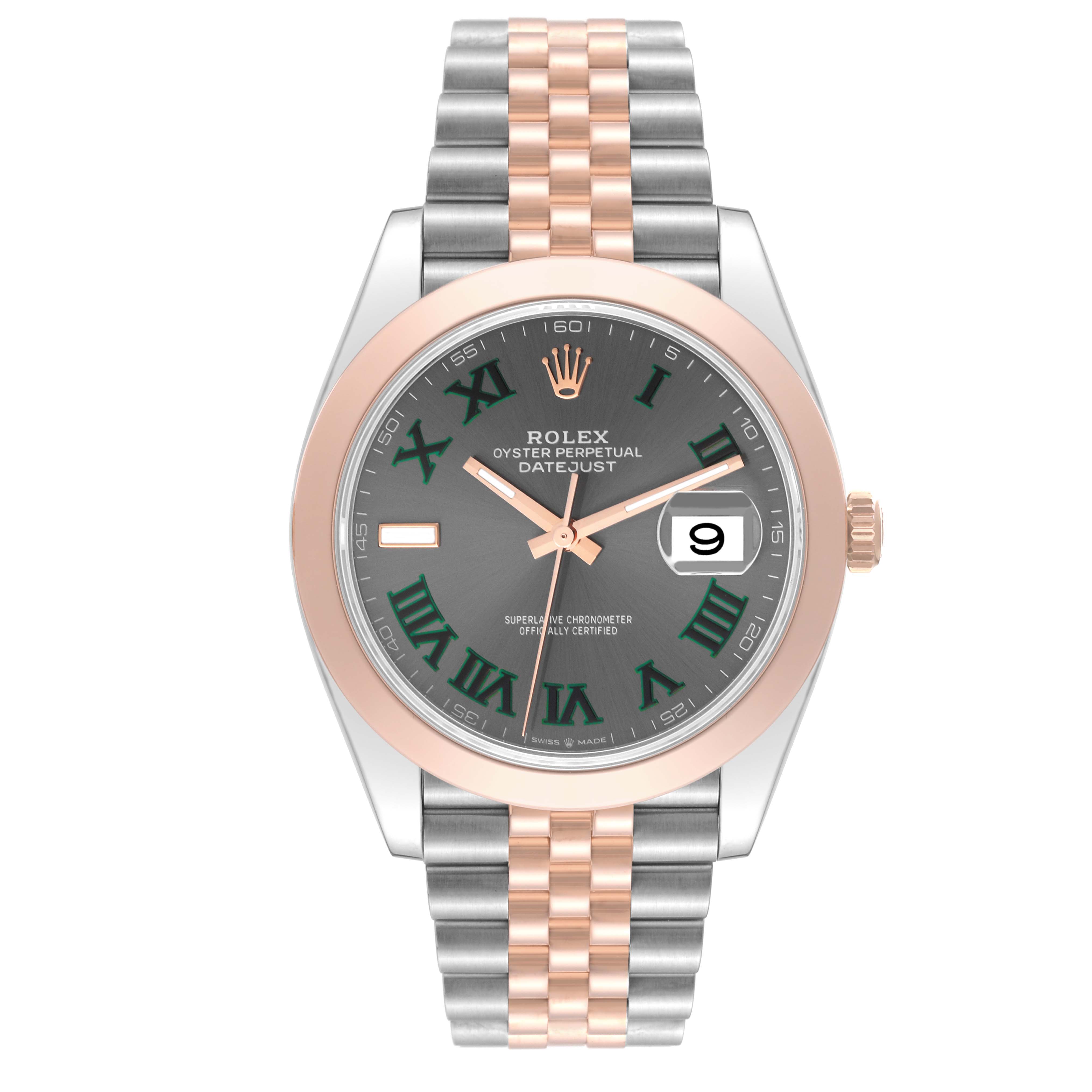 The image shows a front view of a Rolex Datejust 41 126301 Men's Steel and Gold (two tone) Grey Dial 126301 Men's Steel and Gold (two tone) Grey Dial watch, featuring a gray dial, Roman numerals, rose gold bezel, and jubilee bracelet.