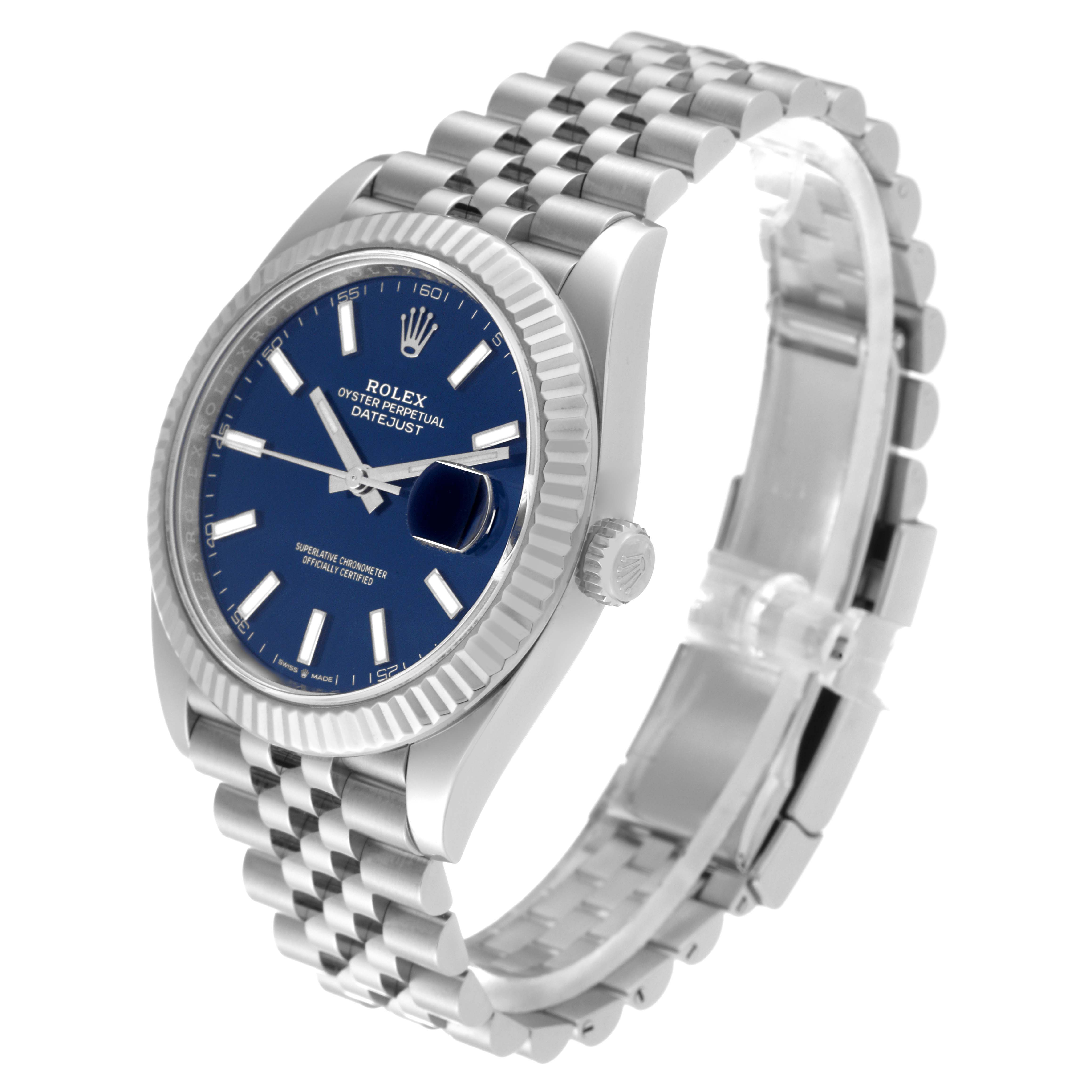 This image shows a Rolex Datejust 41 126334 Men
s Stainless Steel Blue Dial 126334 Men
s Stainless Steel Blue Dial watch at a three-quarter angle, highlighting the watch face, bezel, and bracelet.