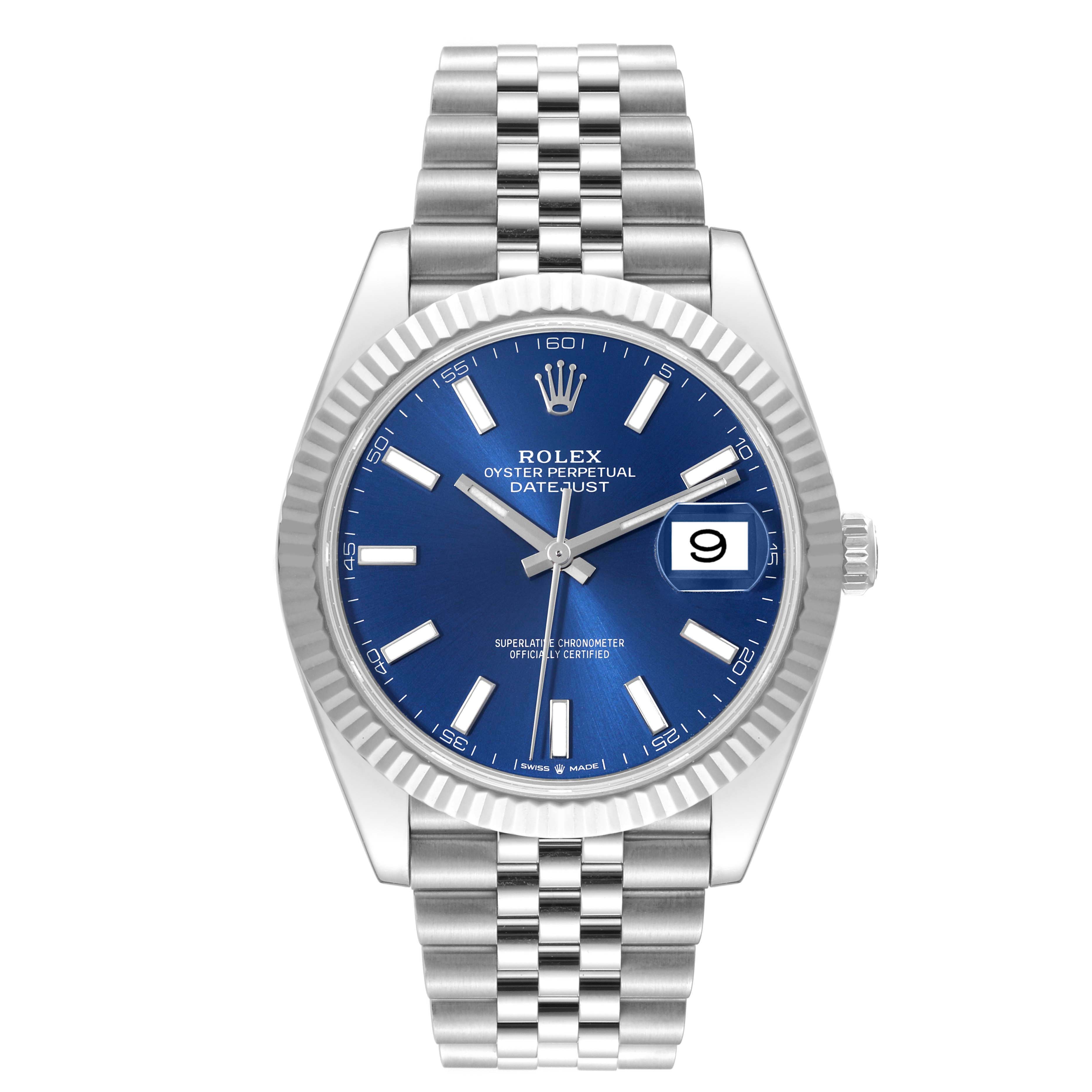 The image shows a Rolex Datejust 41 126334 Men
s Stainless Steel Blue Dial 126334 Men
s Stainless Steel Blue Dial watch from a front angle, highlighting its blue dial, fluted bezel, and Jubilee bracelet.